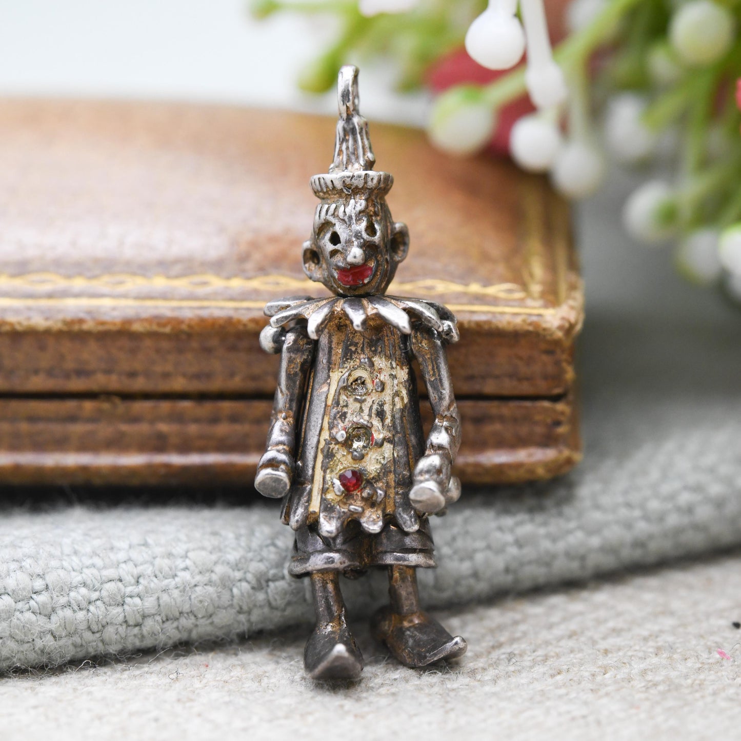 Vintage Sterling Silver Articulated Clown Pendant with Gem Buttons - Colourful Man Fun Clown Moving Arms and Legs | Unusual Silver Jewellery