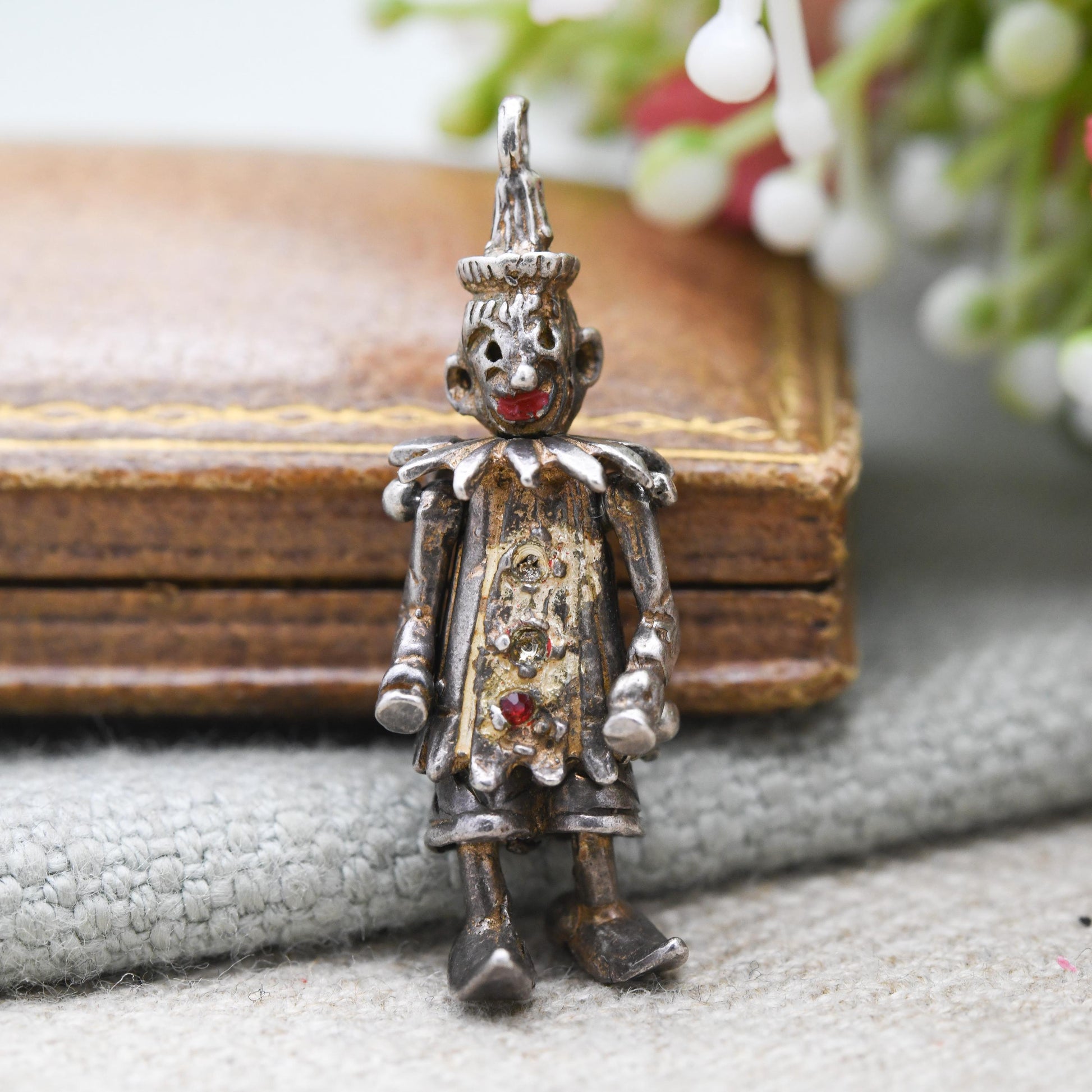 Vintage Sterling Silver Articulated Clown Pendant with Gem Buttons - Colourful Man Fun Clown Moving Arms and Legs | Unusual Silver Jewellery