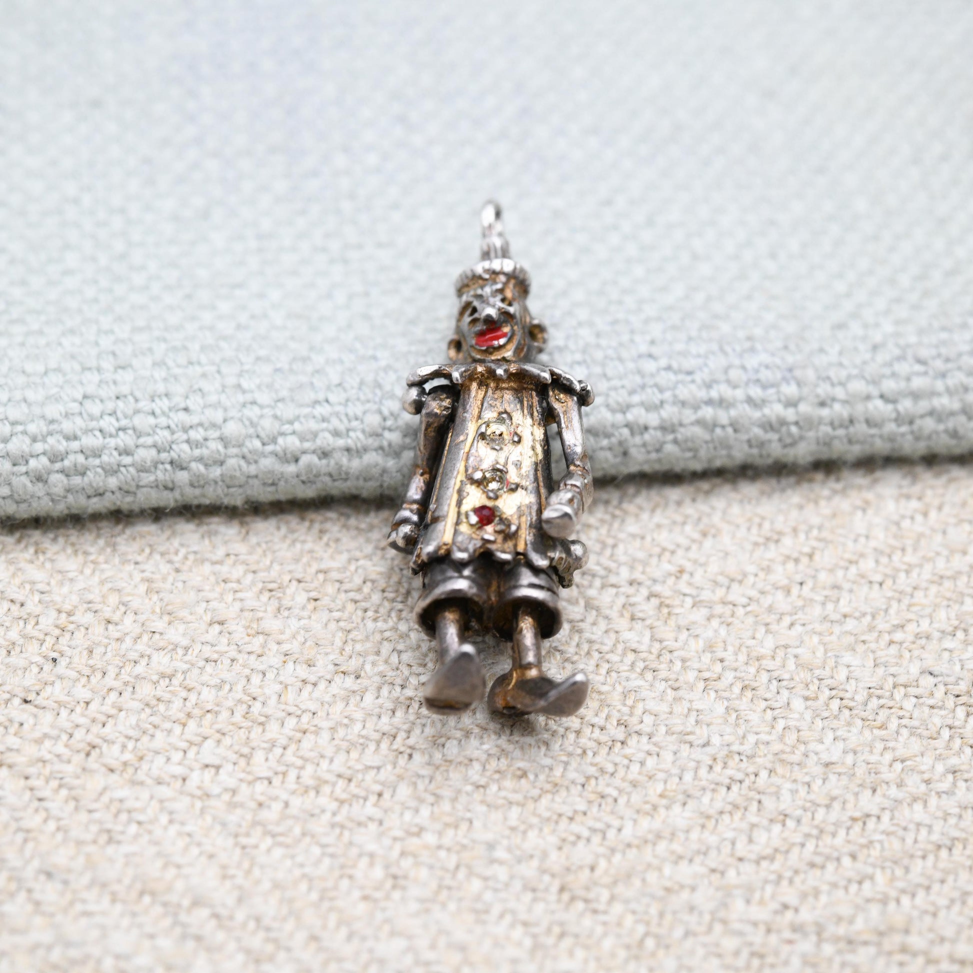 Vintage Sterling Silver Articulated Clown Pendant with Gem Buttons - Colourful Man Fun Clown Moving Arms and Legs | Unusual Silver Jewellery