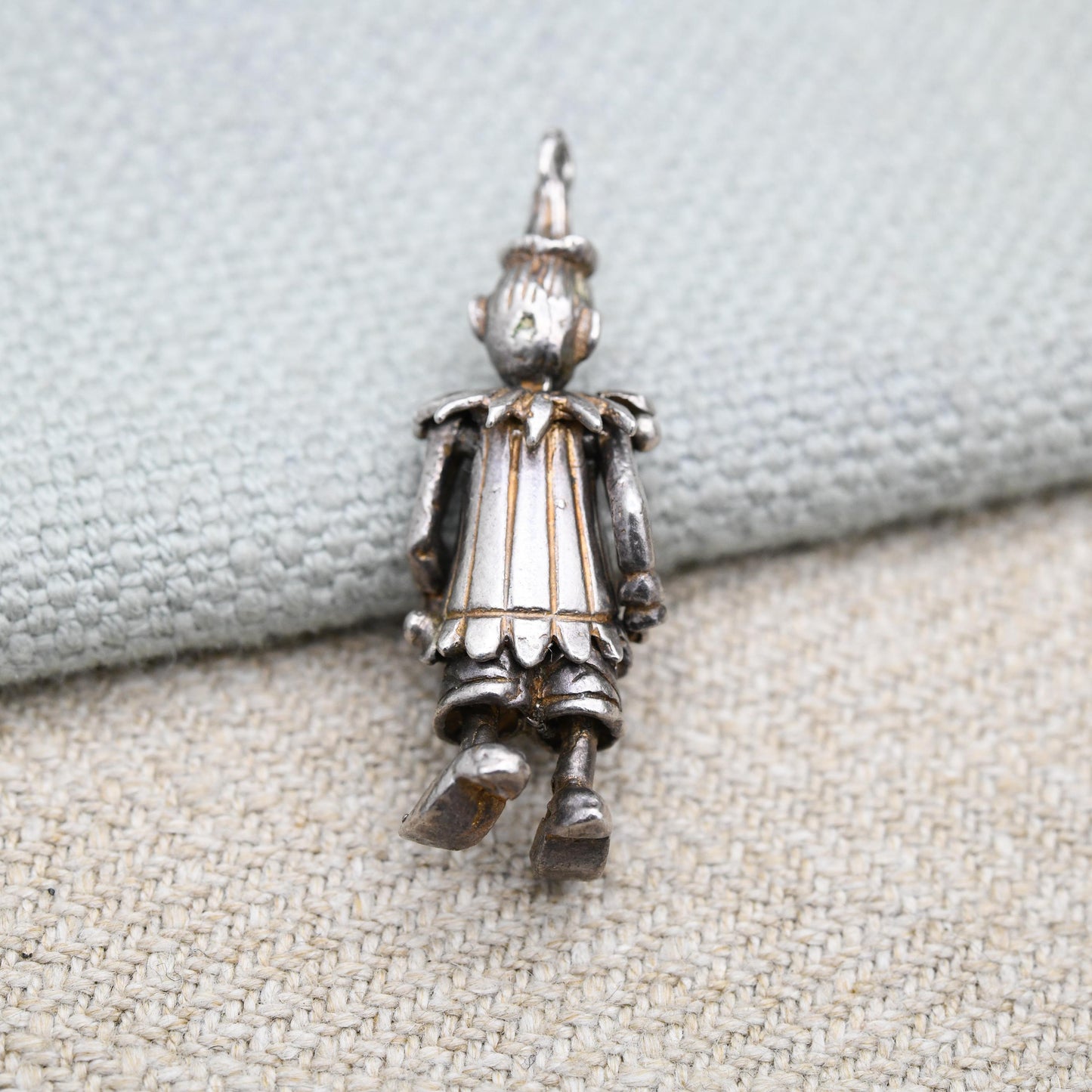 Vintage Sterling Silver Articulated Clown Pendant with Gem Buttons - Colourful Man Fun Clown Moving Arms and Legs | Unusual Silver Jewellery