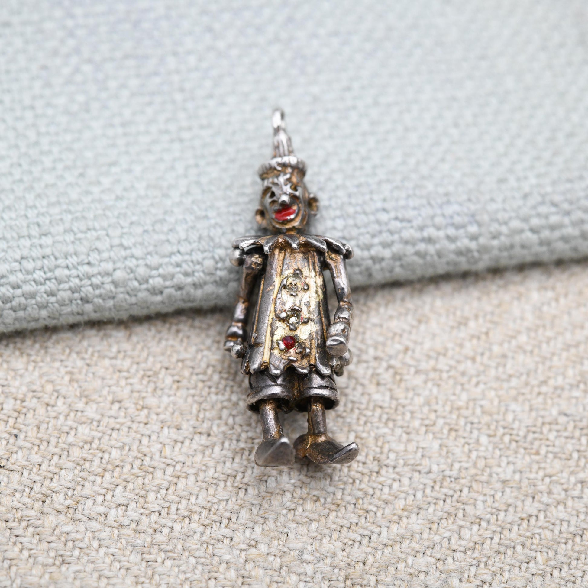 Vintage Sterling Silver Articulated Clown Pendant with Gem Buttons - Colourful Man Fun Clown Moving Arms and Legs | Unusual Silver Jewellery