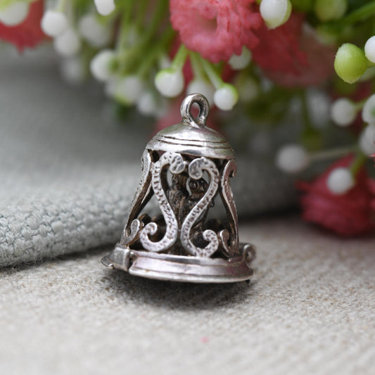 Vintage Sterling Silver Opening Wedding Bell Charm Pendant - Bride and Groom Inside | Newly-wed Gift for Charm Bracelet