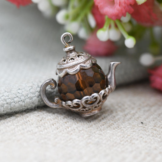 Vintage Nuvo Sterling Silver Teapot Charm Pendant - Large and Ornate with Love Heart Decorations | Gift for Charm Bracelet