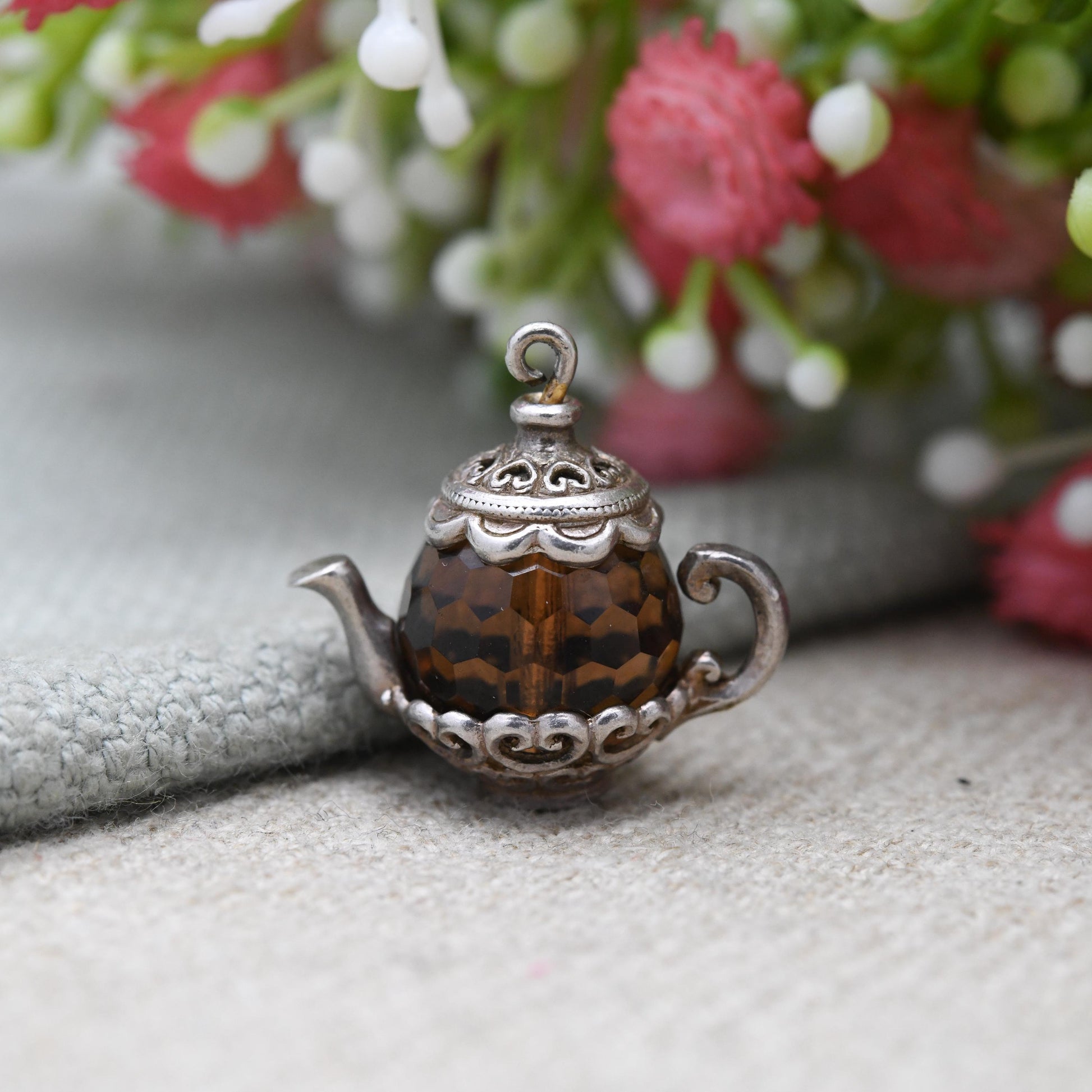 Vintage Nuvo Sterling Silver Teapot Charm Pendant - Large and Ornate with Love Heart Decorations | Gift for Charm Bracelet