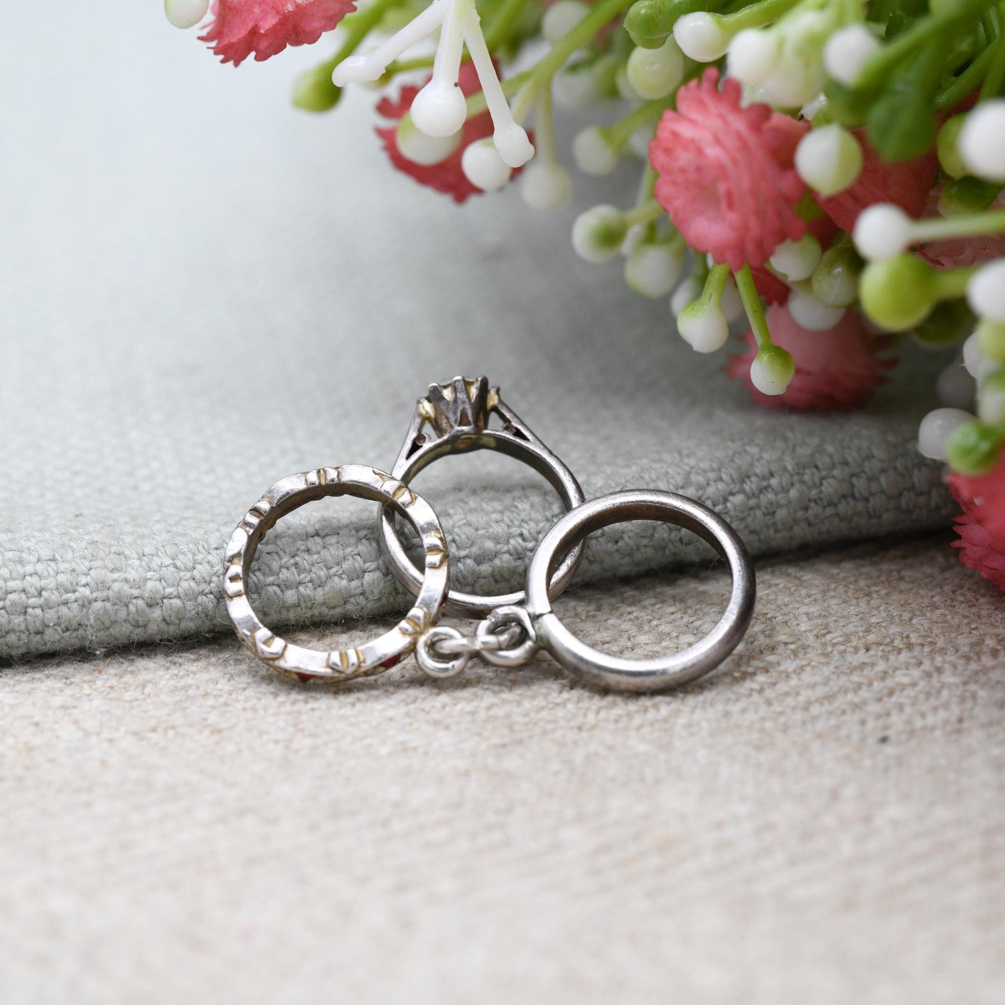 Vintage Sterling Silver Mini Wedding Ring Set Charm Pendant - Engagement Ring with Eternity Band and Wedding Band | Gift for Charm Bracelet