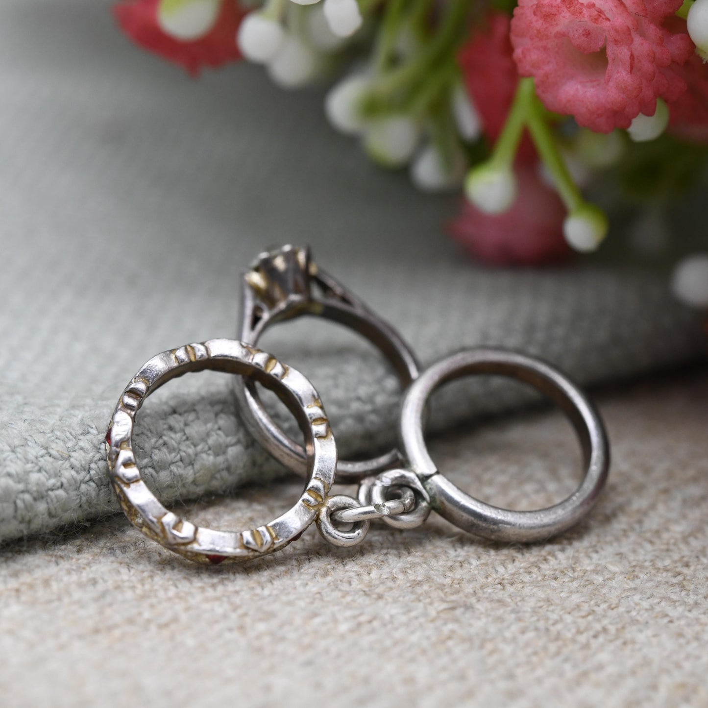 Vintage Sterling Silver Mini Wedding Ring Set Charm Pendant - Engagement Ring with Eternity Band and Wedding Band | Gift for Charm Bracelet