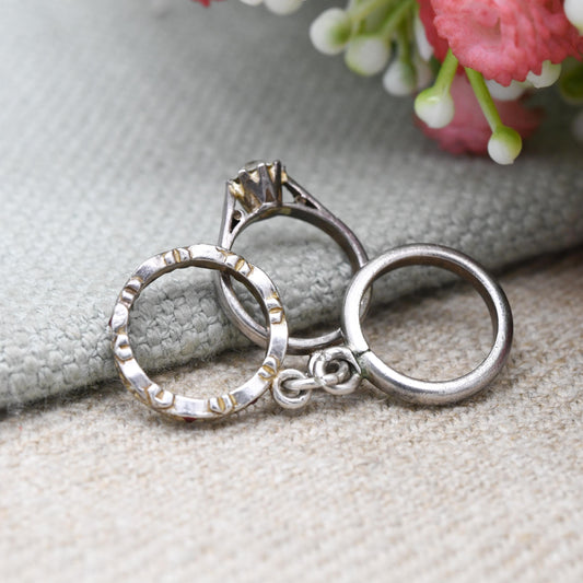 Vintage Sterling Silver Mini Wedding Ring Set Charm Pendant - Engagement Ring with Eternity Band and Wedding Band | Gift for Charm Bracelet
