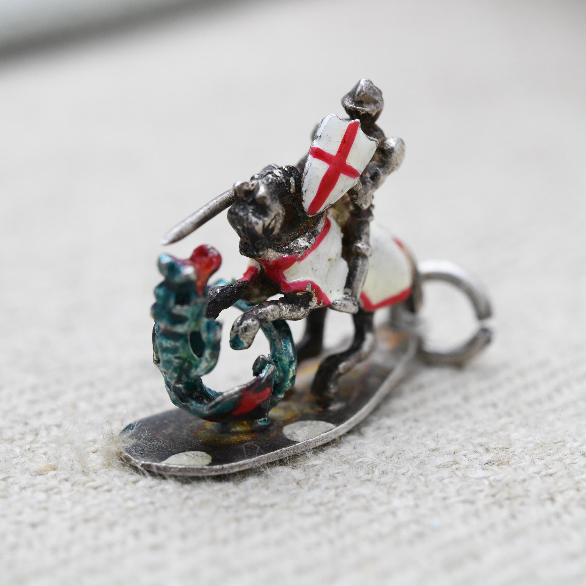 RARE Vintage Sterling Silver & Enamel St George and the Dragon Charm Pendant - England | Adjustable Arm | Souvenir Gift for Charm Bracelet
