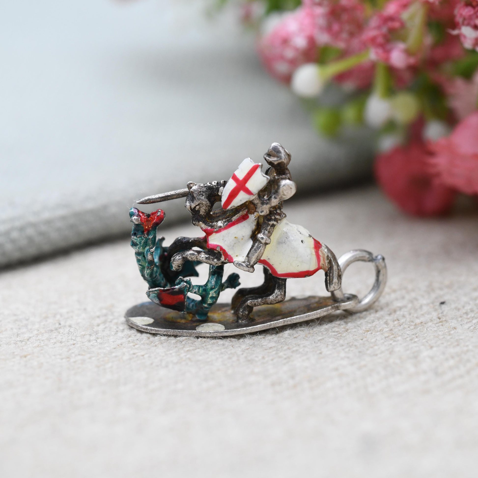 RARE Vintage Sterling Silver & Enamel St George and the Dragon Charm Pendant - England | Adjustable Arm | Souvenir Gift for Charm Bracelet
