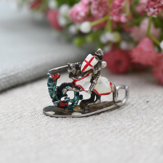 RARE Vintage Sterling Silver & Enamel St George and the Dragon Charm Pendant - England | Adjustable Arm | Souvenir Gift for Charm Bracelet