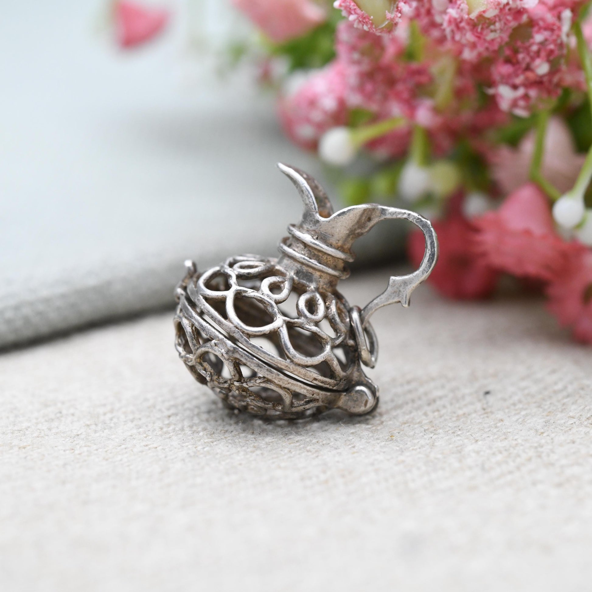 Vintage Sterling Silver Opening Jug Charm Pendant - Decanter | Ornate Cut Out Design | Gift for Charm Bracelet