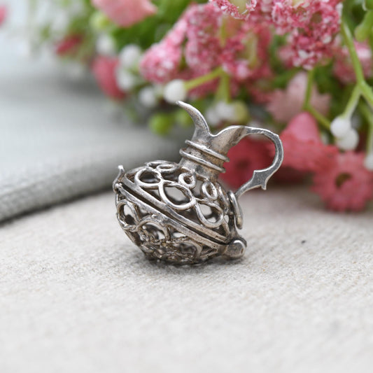 Vintage Sterling Silver Opening Jug Charm Pendant - Decanter | Ornate Cut Out Design | Gift for Charm Bracelet
