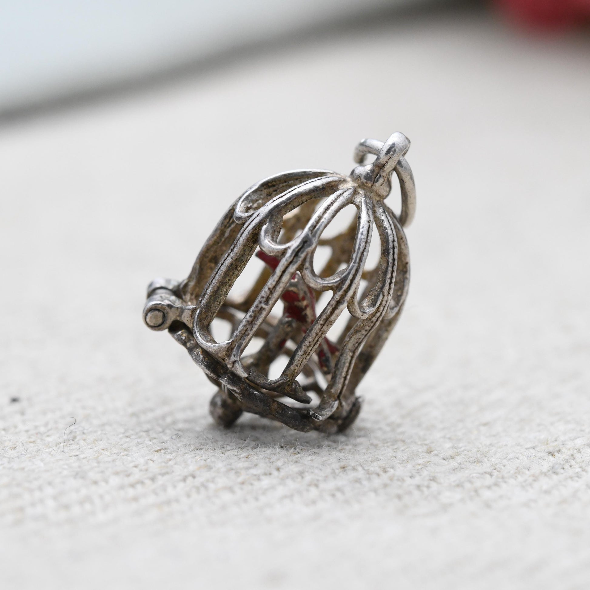 Vintage Sterling Silver & Enamel Opening Caged Bird Charm Pendant - Ornate Bird Cage | Red Bird of Paradise | Gift for Charm Bracelet