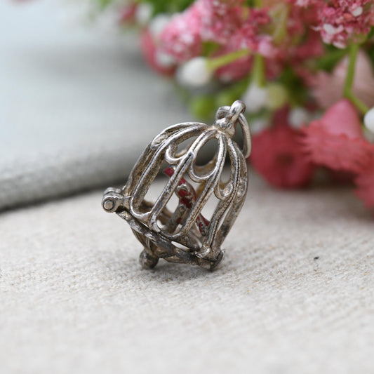 Vintage Sterling Silver & Enamel Opening Caged Bird Charm Pendant - Ornate Bird Cage | Red Bird of Paradise | Gift for Charm Bracelet