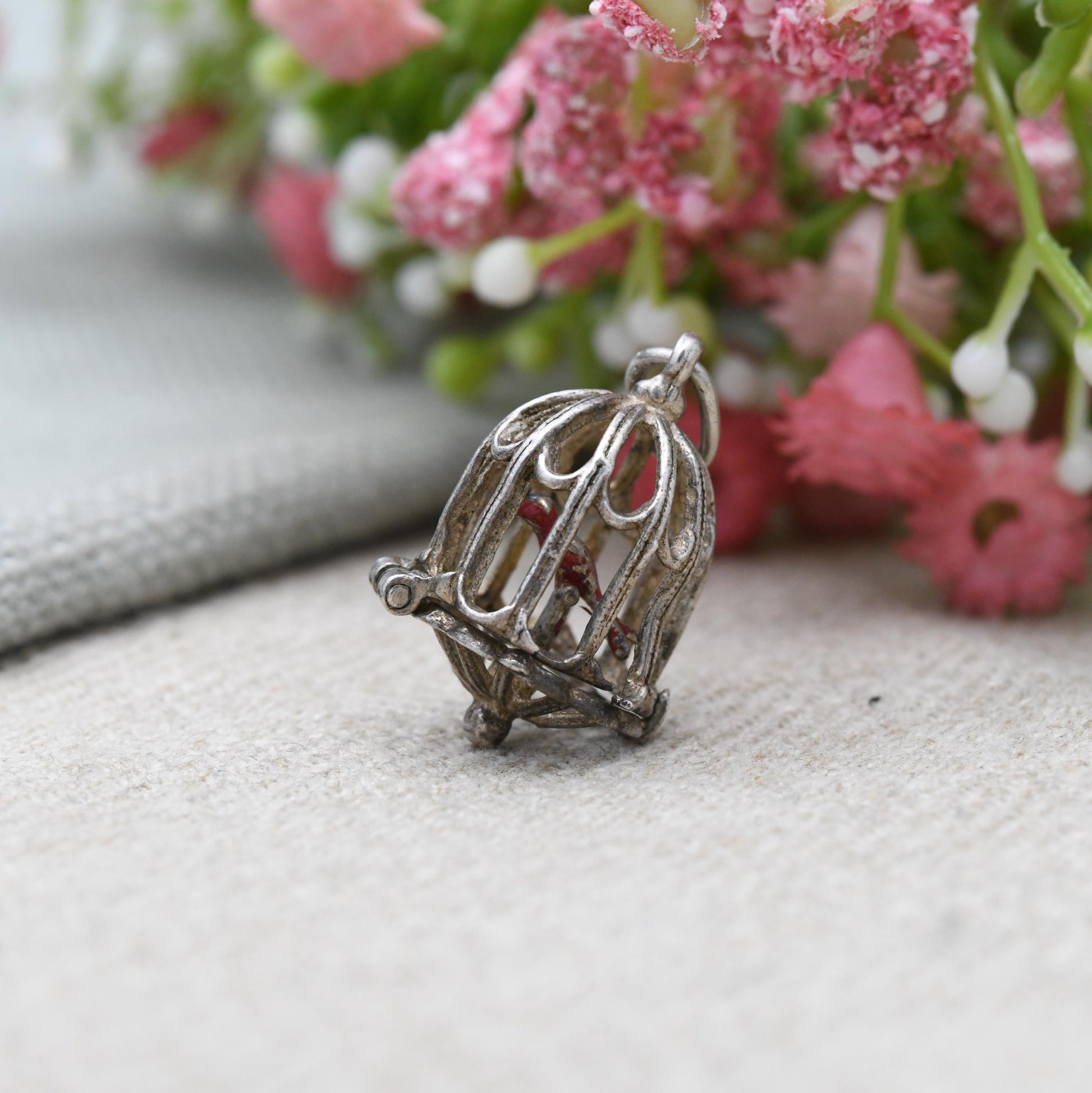 Vintage Sterling Silver & Enamel Opening Caged Bird Charm Pendant - Ornate Bird Cage | Red Bird of Paradise | Gift for Charm Bracelet