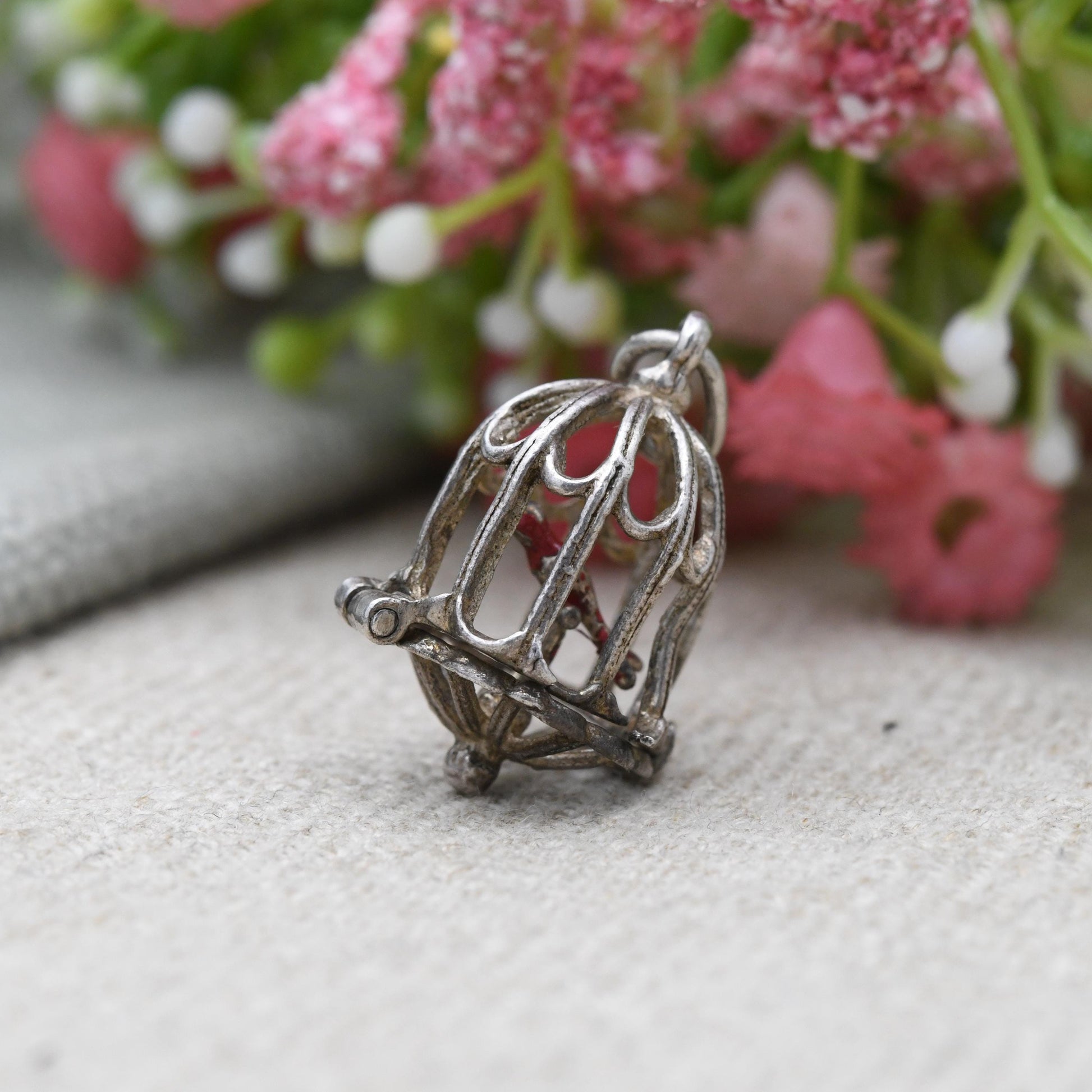 Vintage Sterling Silver & Enamel Opening Caged Bird Charm Pendant - Ornate Bird Cage | Red Bird of Paradise | Gift for Charm Bracelet