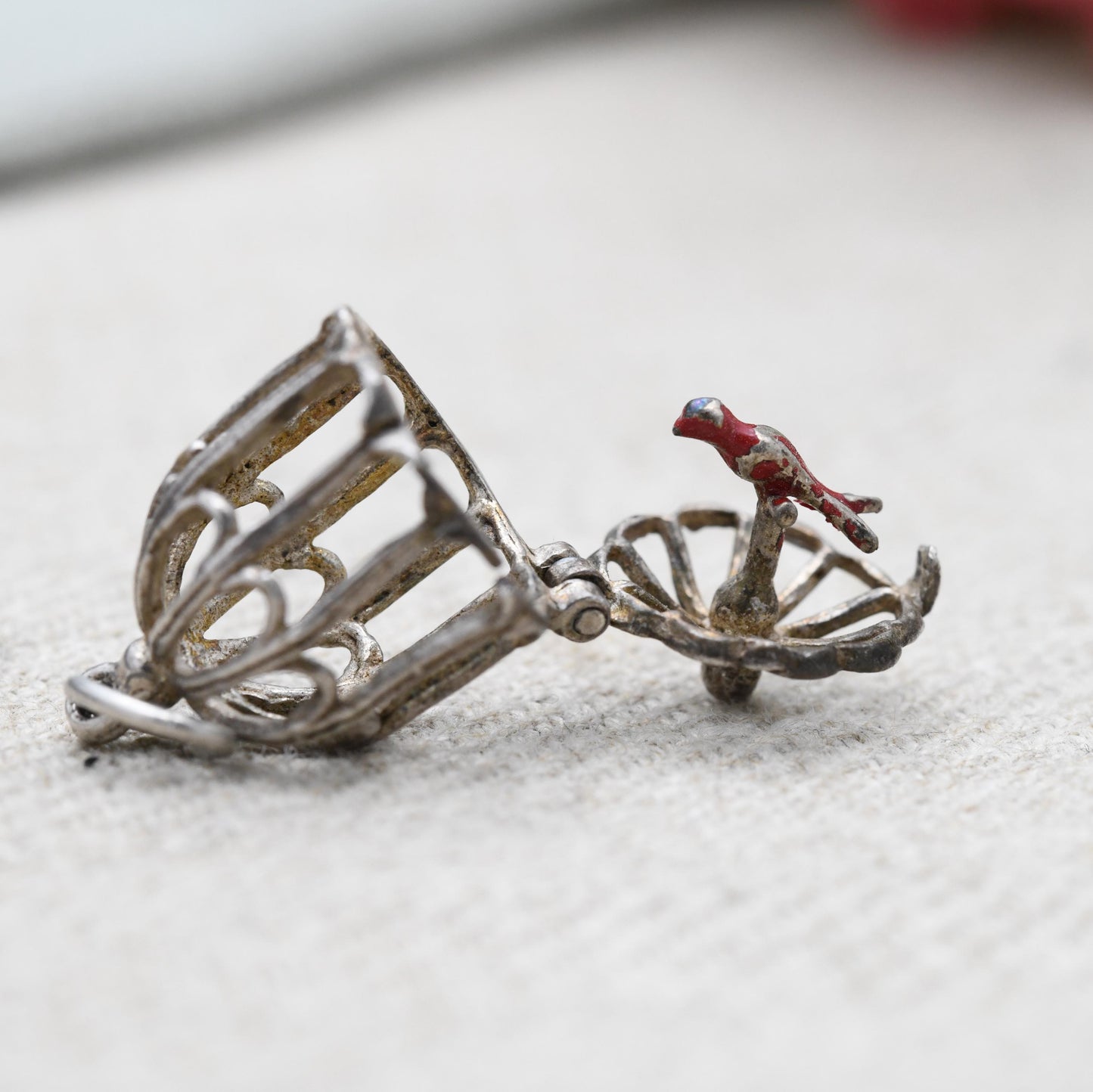 Vintage Sterling Silver & Enamel Opening Caged Bird Charm Pendant - Ornate Bird Cage | Red Bird of Paradise | Gift for Charm Bracelet