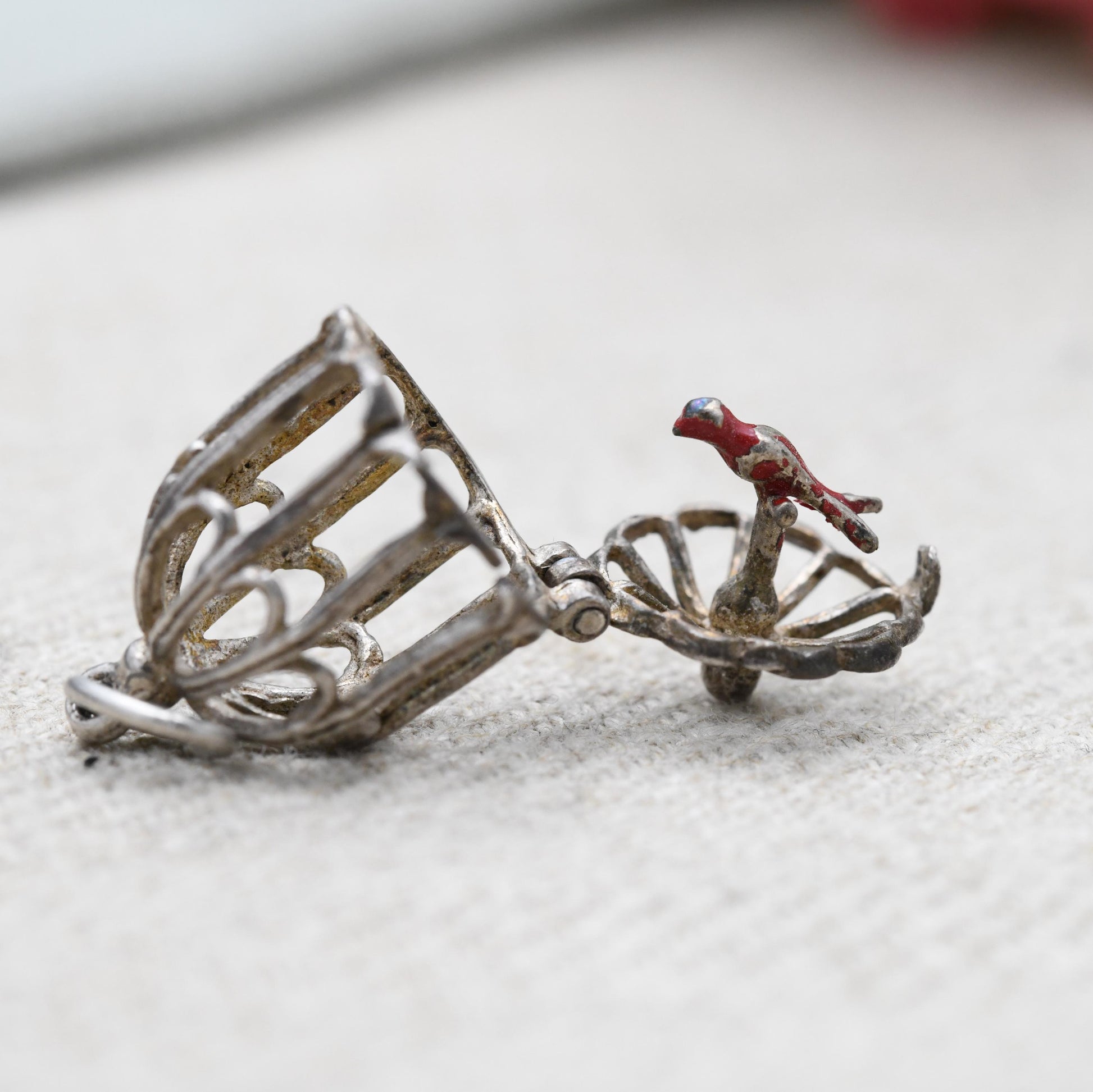 Vintage Sterling Silver & Enamel Opening Caged Bird Charm Pendant - Ornate Bird Cage | Red Bird of Paradise | Gift for Charm Bracelet