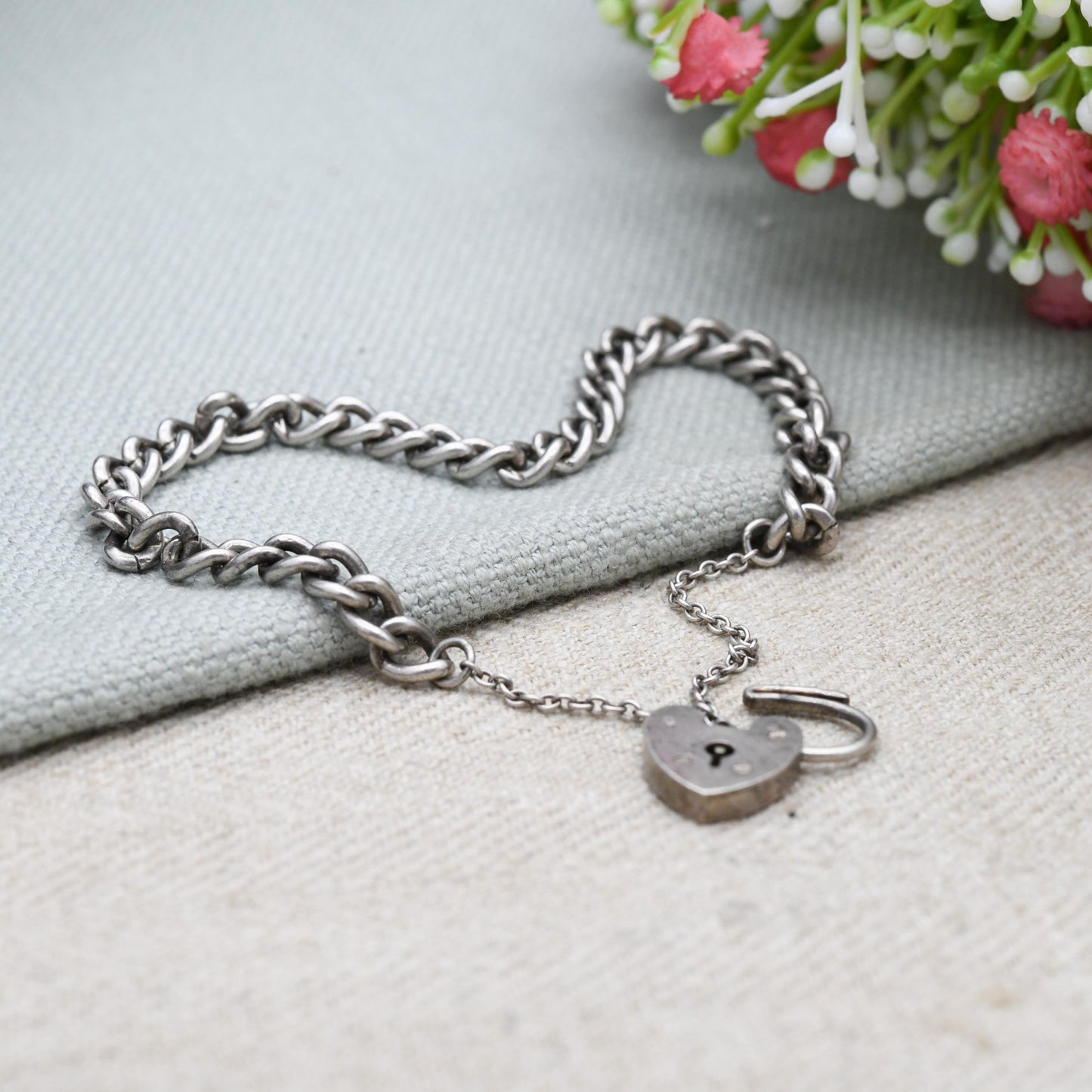 Vintage Sterling Silver Heart Padlock Clasp Chain Bracelet - Chunky Curb Links with Safety Chain | UK Hallmarks