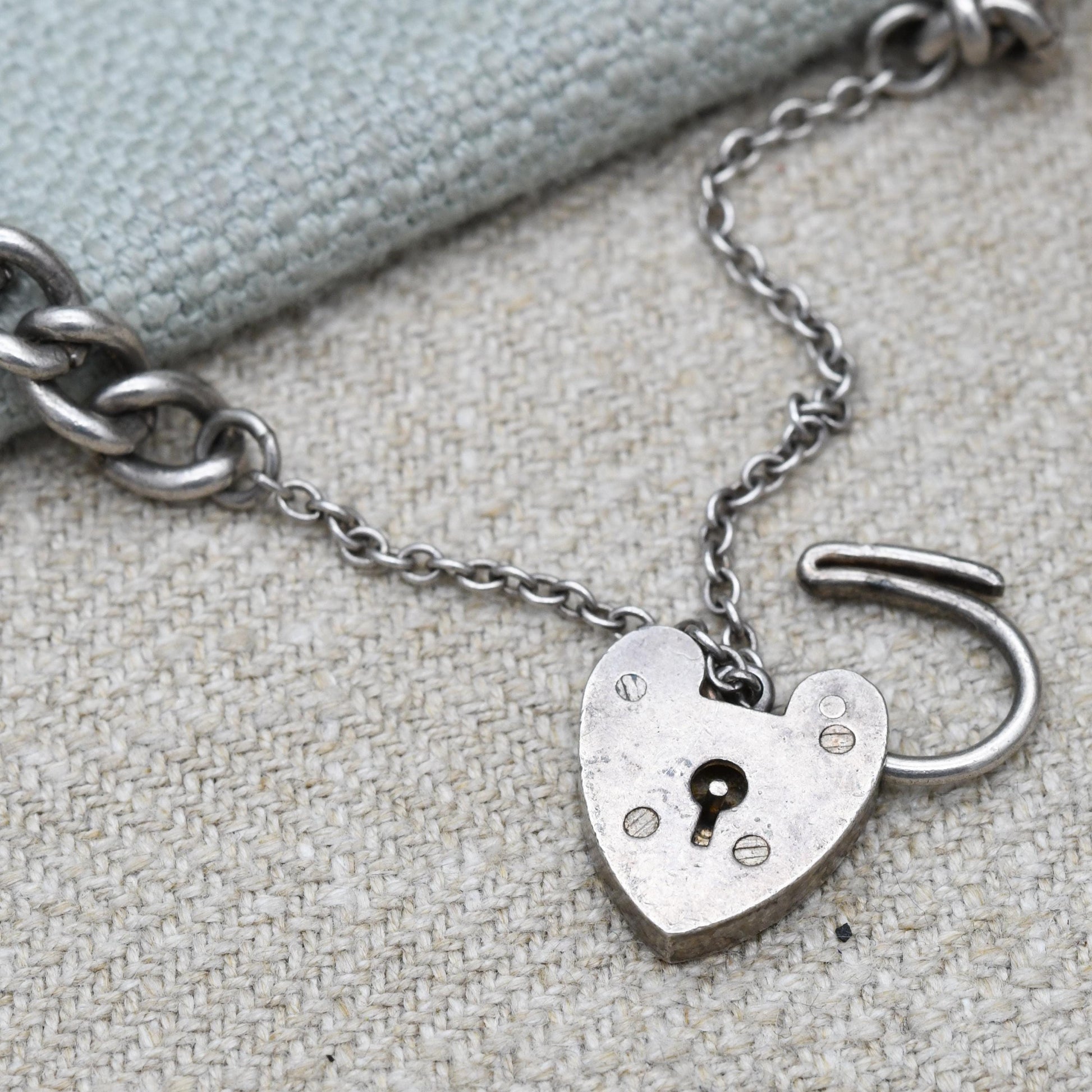 Vintage Sterling Silver Heart Padlock Clasp Chain Bracelet - Chunky Curb Links with Safety Chain | UK Hallmarks