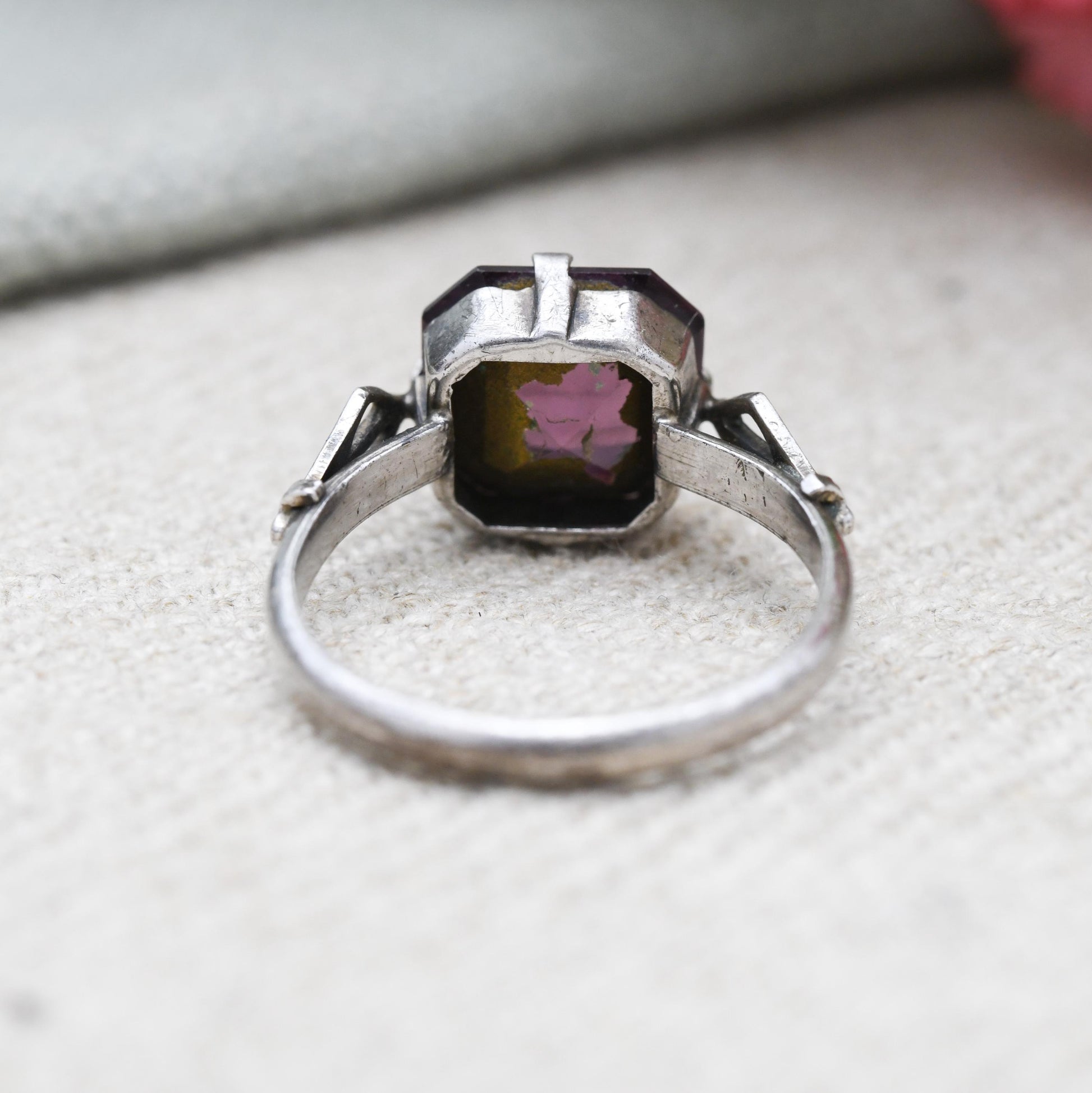 Art Deco Sterling Silver Purple Stone Ring - True Vintage Statement Ring | Large Glass Stone | UK Size - N | US Size - 7