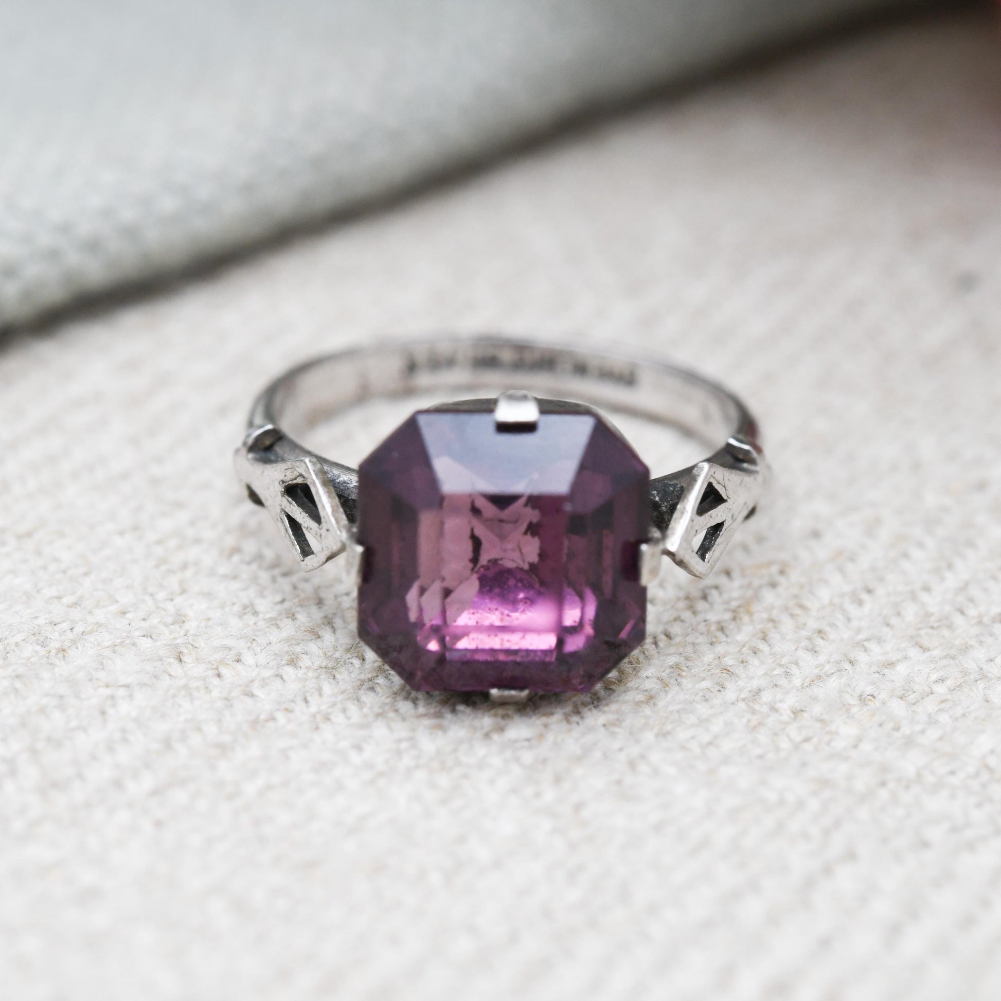 Art Deco Sterling Silver Purple Stone Ring - True Vintage Statement Ring | Large Glass Stone | UK Size - N | US Size - 7