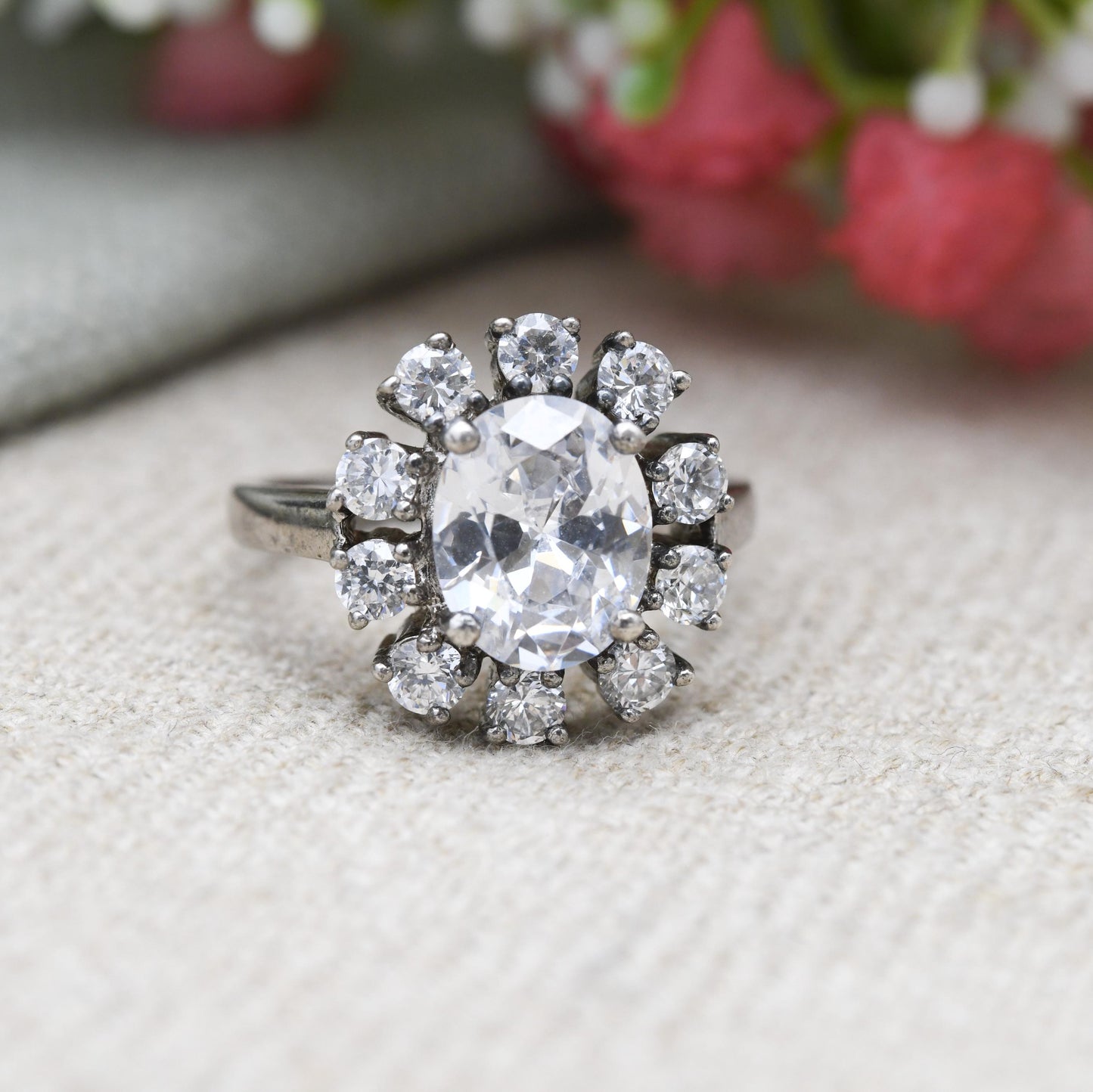 Sterling Silver Cubic Zirconia Cluster Ring - Large White Stones | CZ Chunky Ring | Placeholder Ring | UK Size - O 1/2 | US Size - 7 3/4
