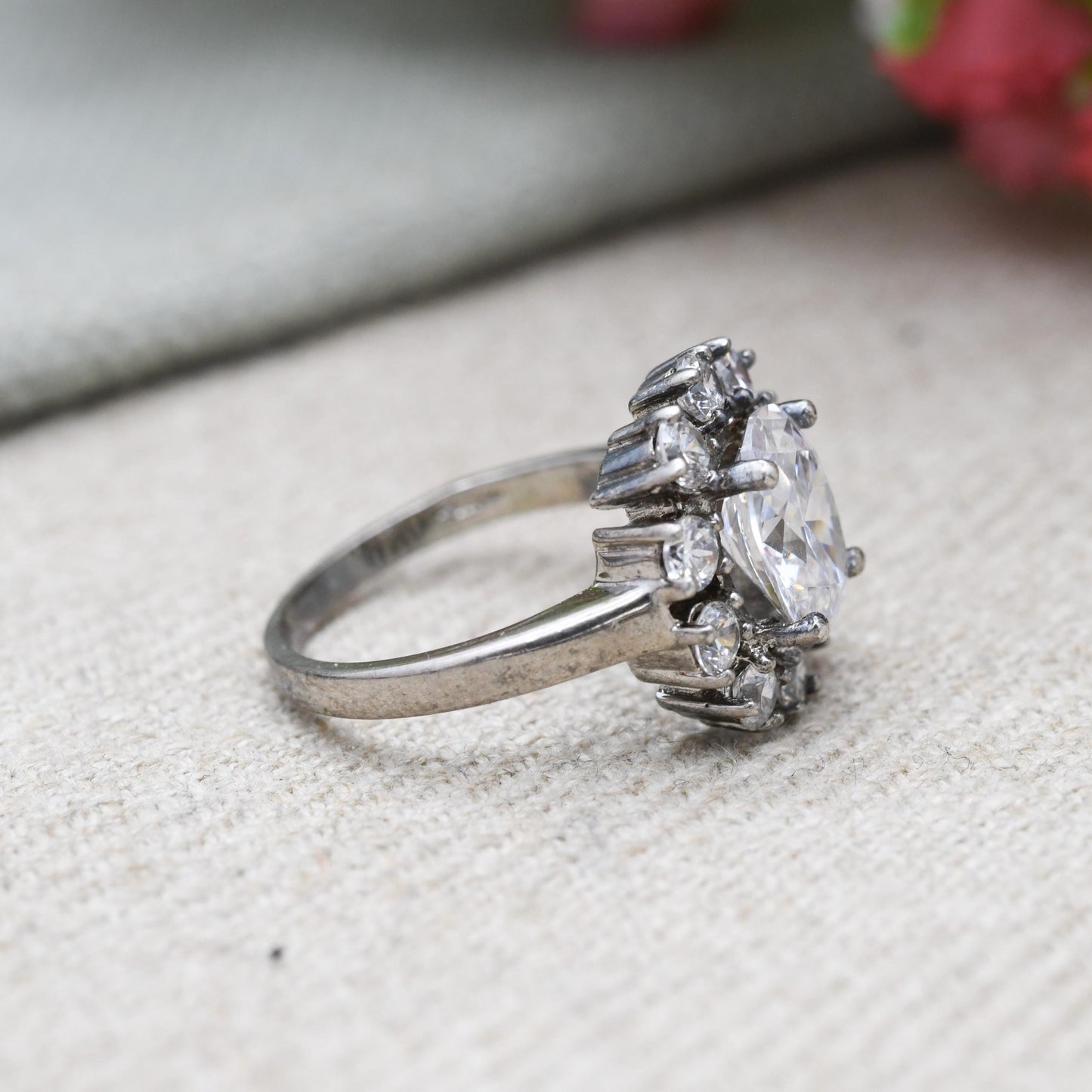 Sterling Silver Cubic Zirconia Cluster Ring - Large White Stones | CZ Chunky Ring | Placeholder Ring | UK Size - O 1/2 | US Size - 7 3/4