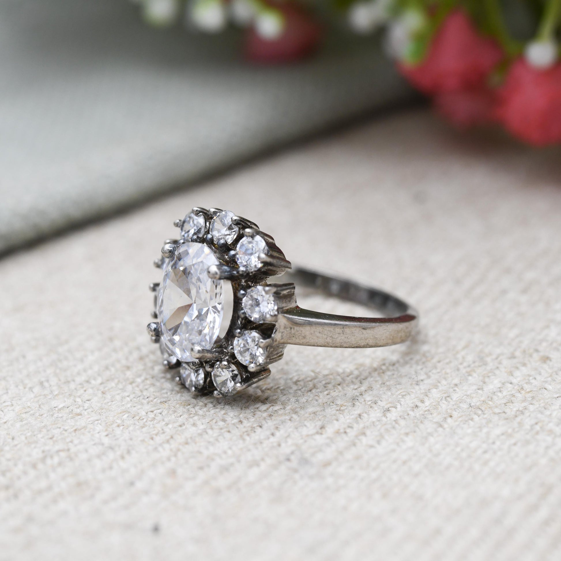 Sterling Silver Cubic Zirconia Cluster Ring - Large White Stones | CZ Chunky Ring | Placeholder Ring | UK Size - O 1/2 | US Size - 7 3/4