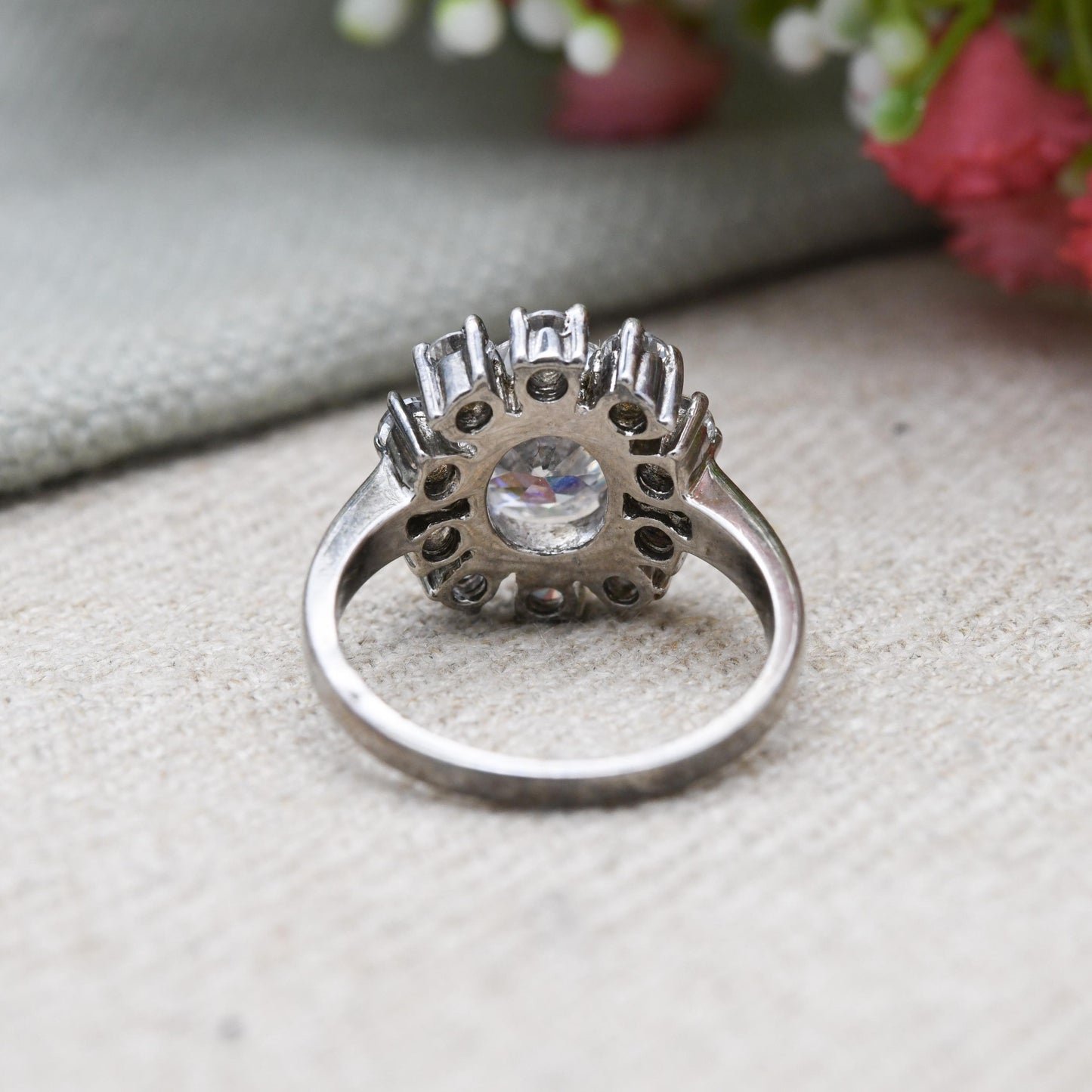 Sterling Silver Cubic Zirconia Cluster Ring - Large White Stones | CZ Chunky Ring | Placeholder Ring | UK Size - O 1/2 | US Size - 7 3/4