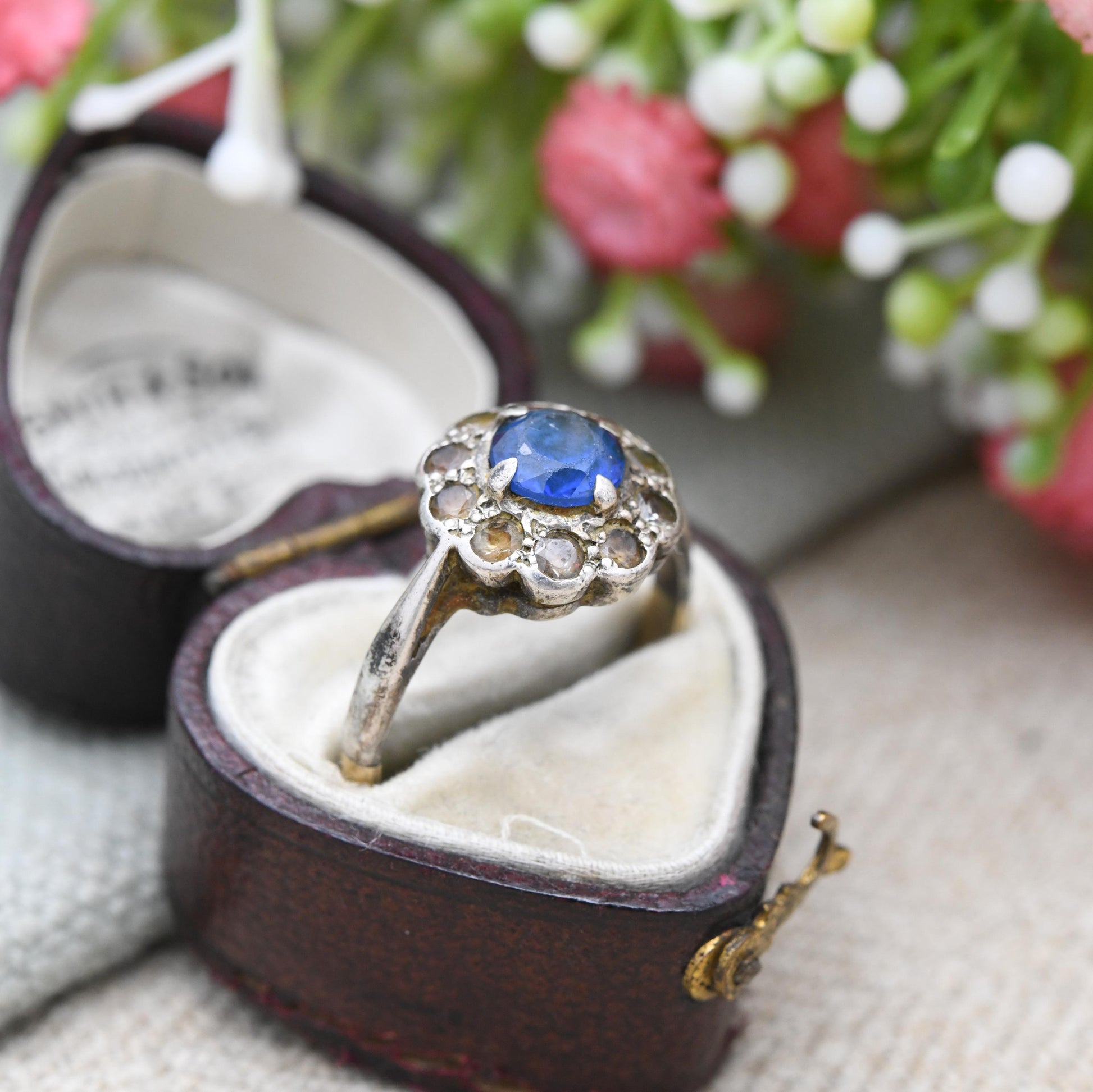Vintage Sterling Silver Blue Stone Cluster Flower Ring - Statement Sparkly Cocktail Ring | UK Size - O 1/2 | US Size - 8 3/4
