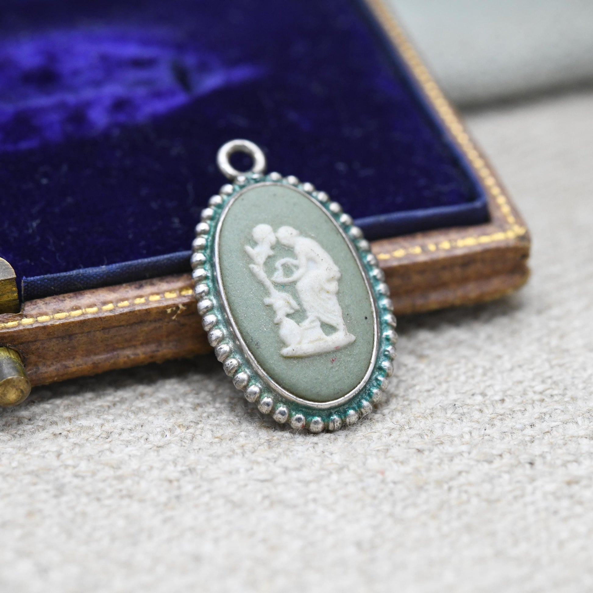 Vintage Wedgwood Sterling Silver Medea Green Jasperware Pendant 1970s - Oval Classical Cameo | Gift for Pendant Necklace