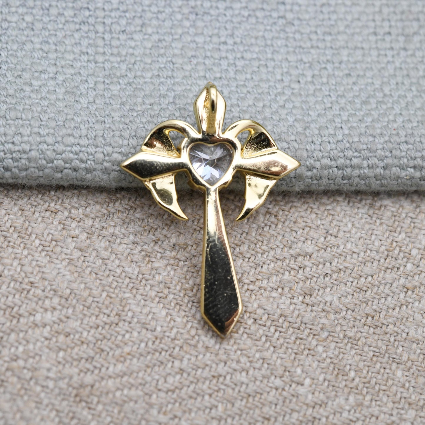 Vintage Gold Plated Sterling Silver Cross Pendant with Clear Love Heart CZ Stone - Religious Gift | Present | Christian Charm for Necklace