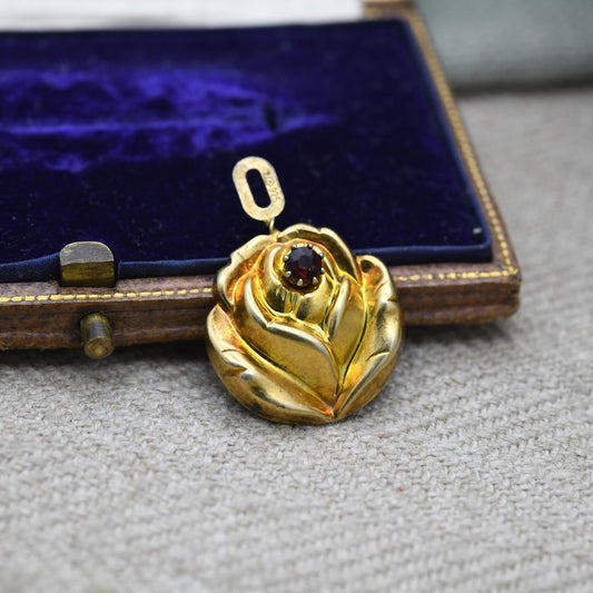 Vintage Sterling Silver Gold Plated Rose Flower Red Stone Pendant - Pretty Textured Flower Jewellery | Gift for Pendant Necklace