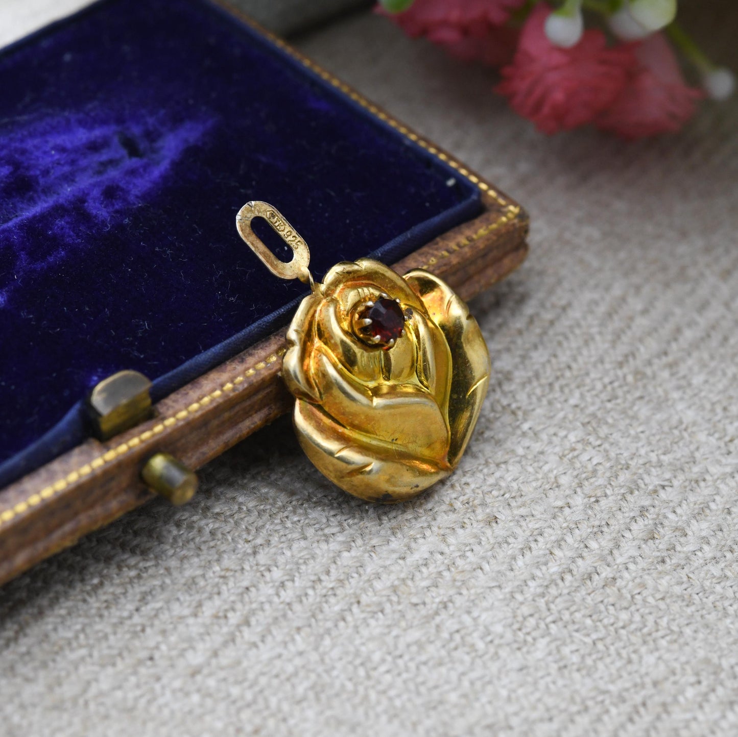 Vintage Sterling Silver Gold Plated Rose Flower Red Stone Pendant - Pretty Textured Flower Jewellery | Gift for Pendant Necklace
