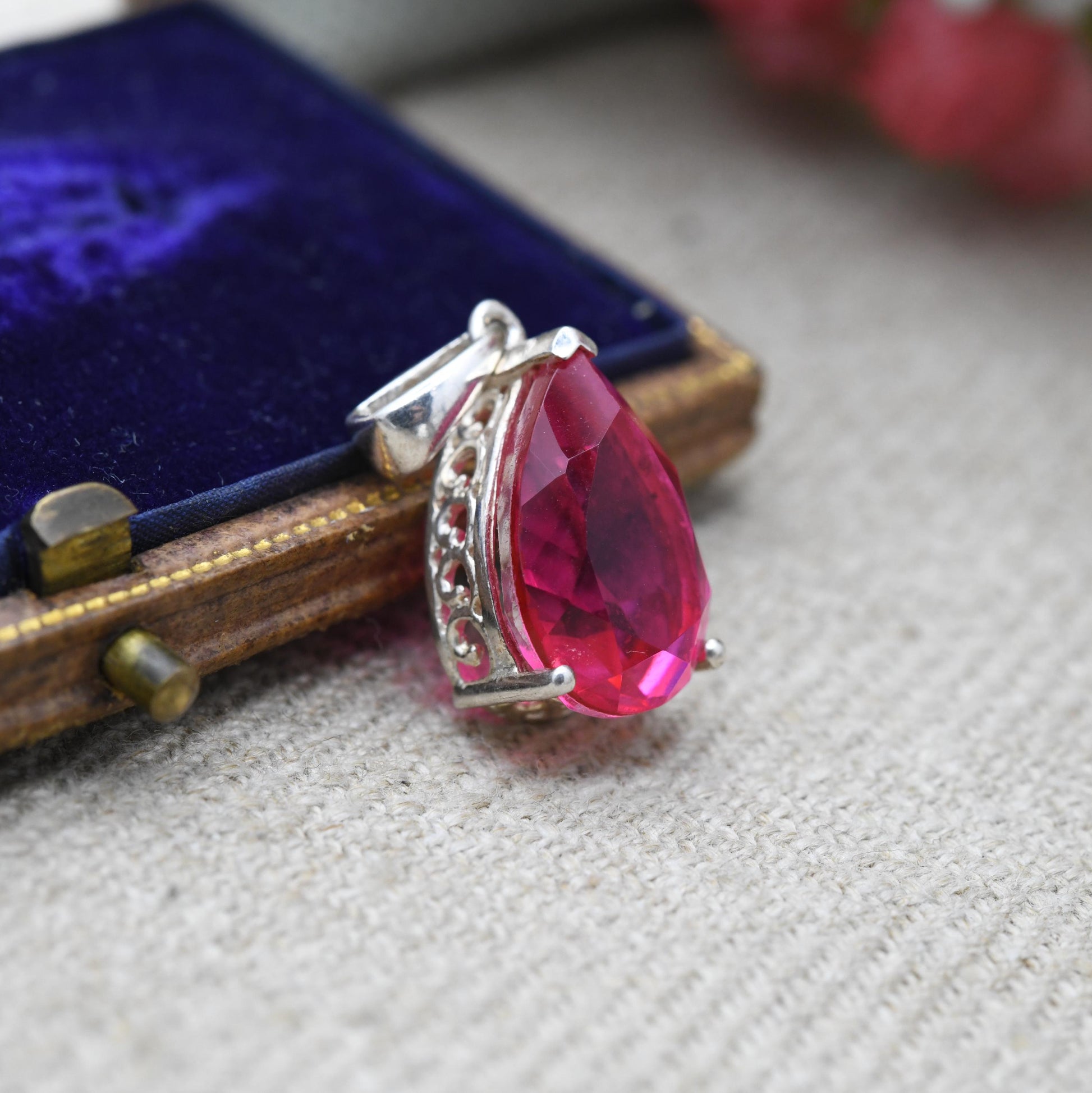 Vintage Sterling Silver Synthetic Ruby Pendant - Pear Cut | Elegant Setting | Gift for Necklace Stack
