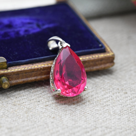 Vintage Sterling Silver Synthetic Ruby Pendant - Pear Cut | Elegant Setting | Gift for Necklace Stack