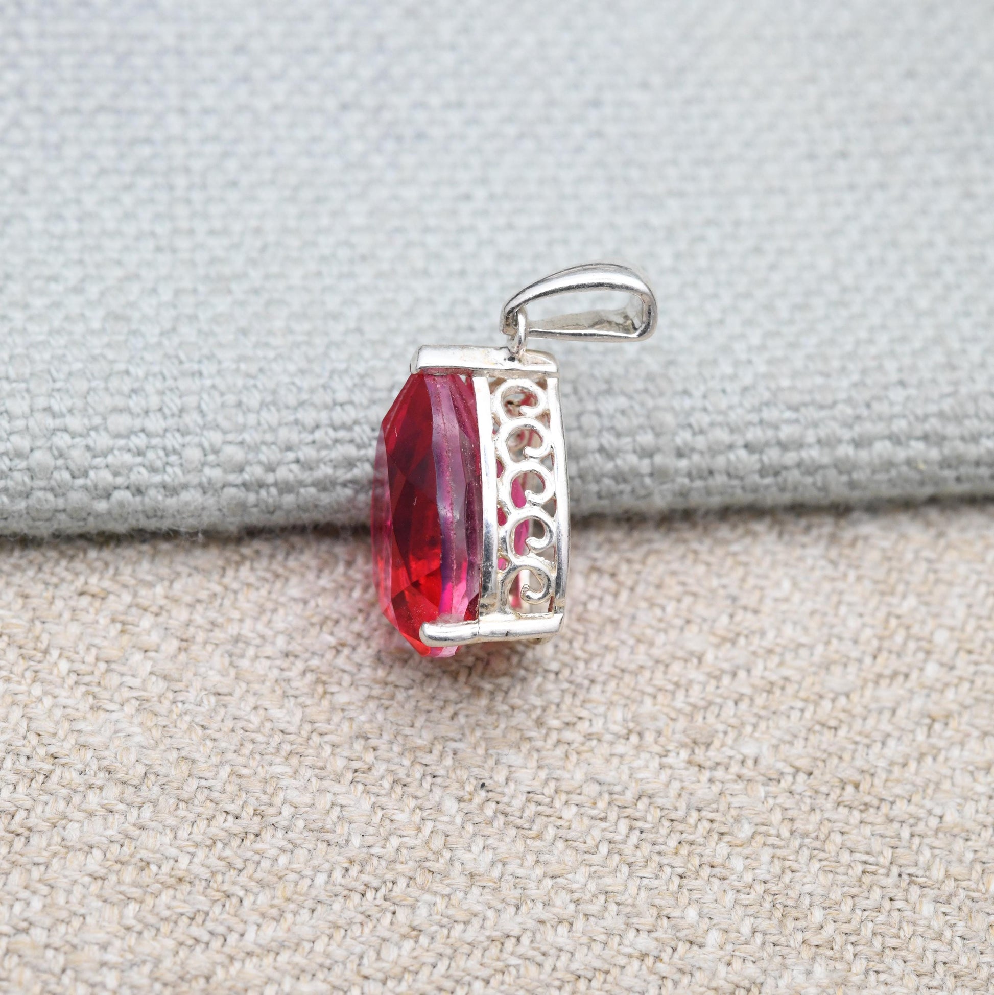 Vintage Sterling Silver Synthetic Ruby Pendant - Pear Cut | Elegant Setting | Gift for Necklace Stack