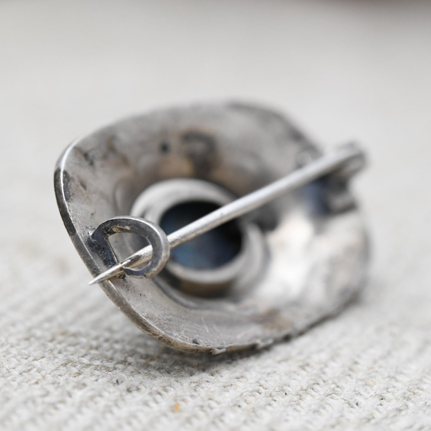 Antique Arts and Crafts Brooch Hammered Sterling Silver with Cabochon Gemstone c. 1900