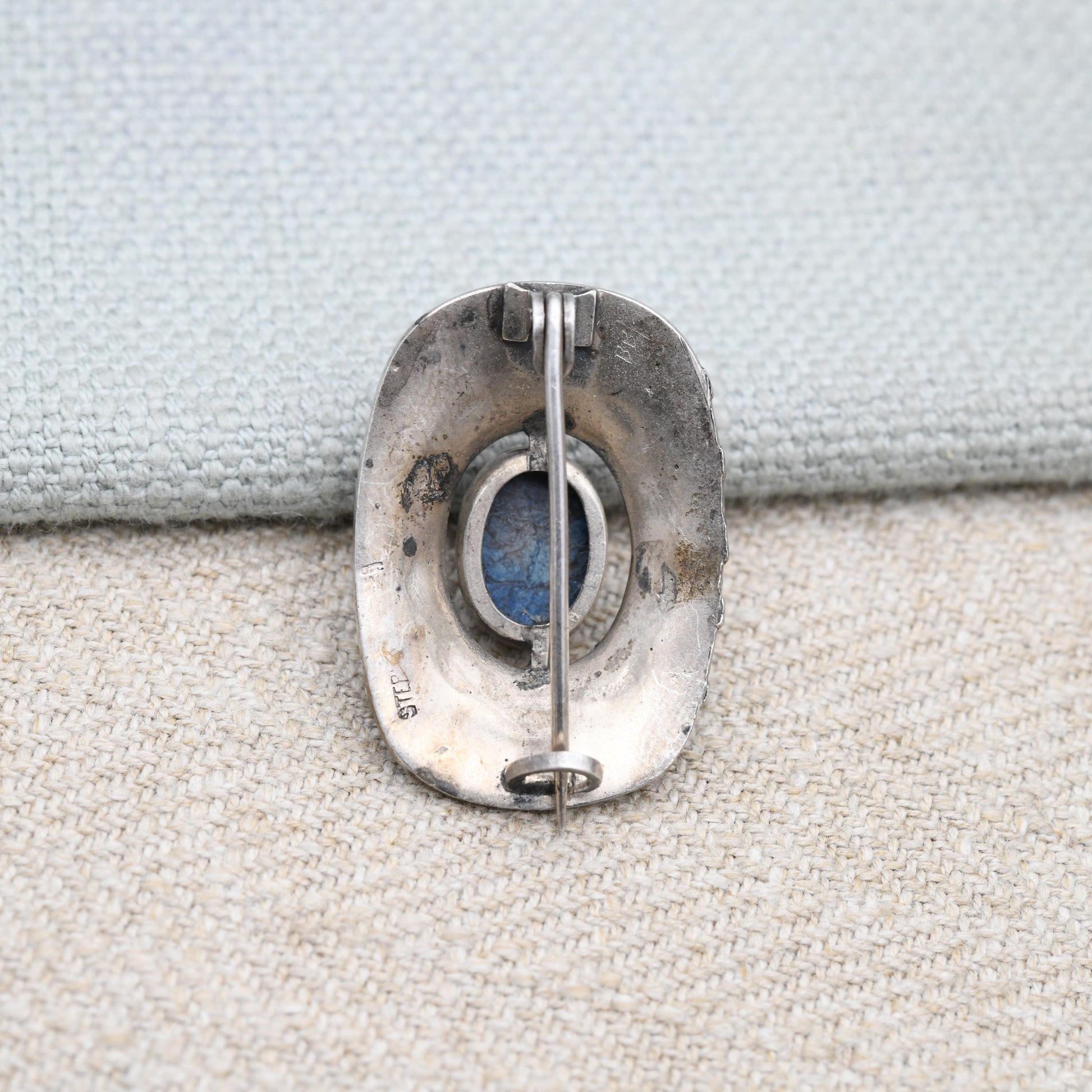 Antique Arts and Crafts Brooch Hammered Sterling Silver with Cabochon Gemstone c. 1900