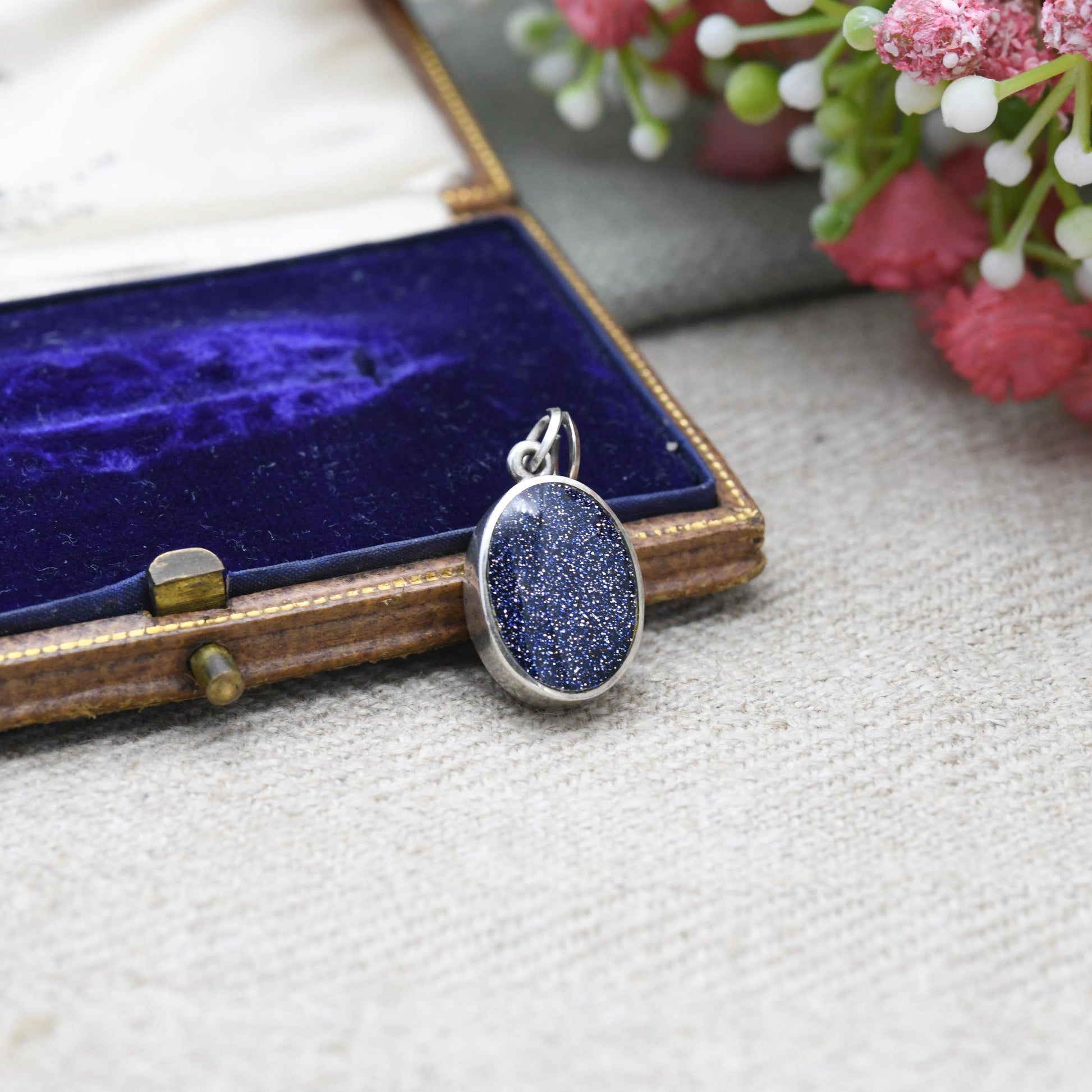 Vintage Sterling Silver Blue Goldstone Pendant - Minimal | Midnight Theme | Gift for Pendant Charm Necklace