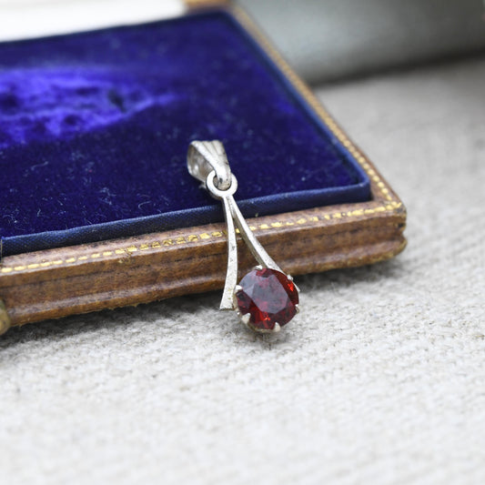 Vintage Sterling Silver Red Stone Solitaire Pendant - Small Sparkly Pendant Charm for Charm Necklace