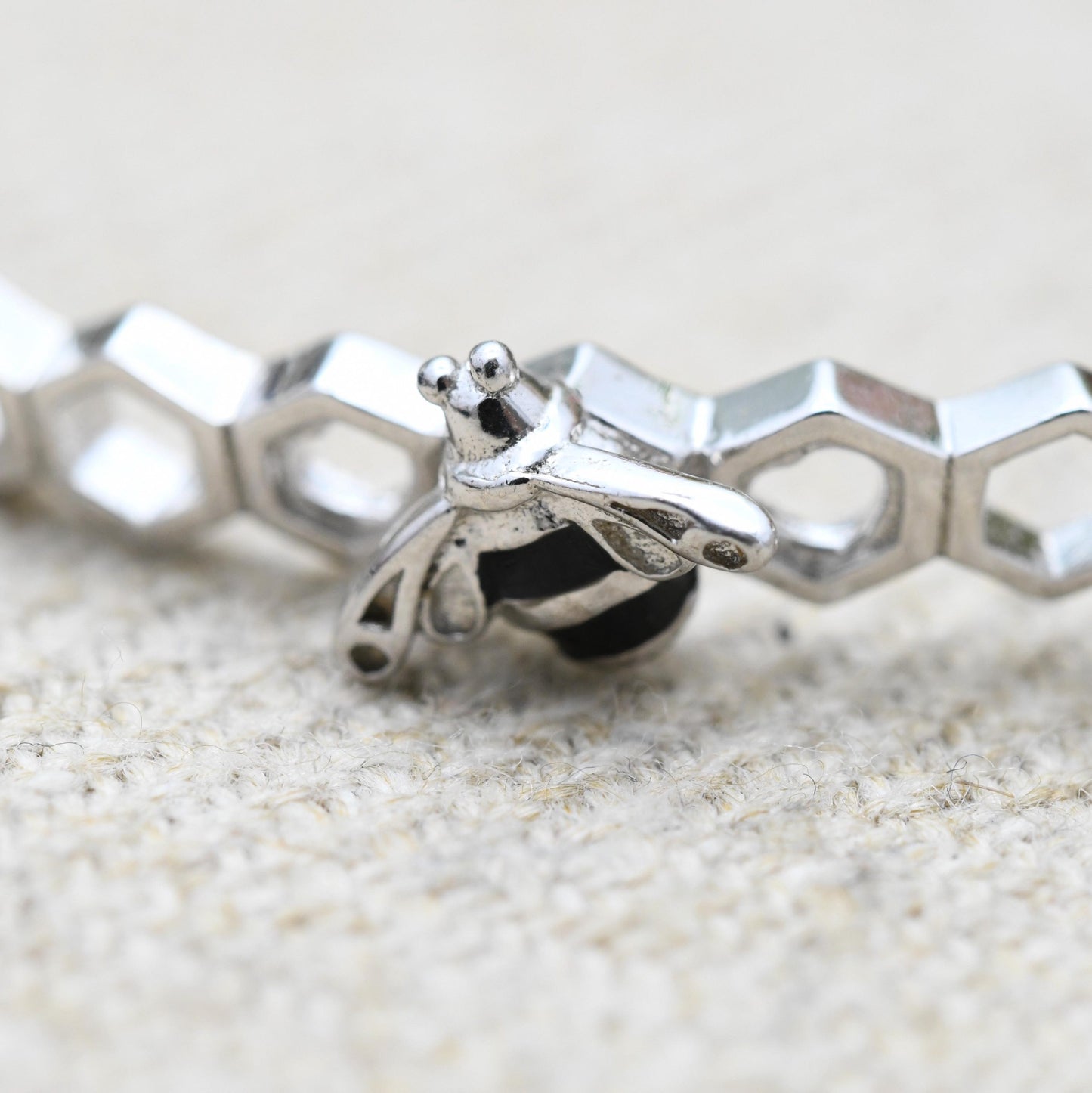 Vintage Sterling Silver Adjustable Slider Bracelet - Cute Honey Comb and Bumble Bee Design | Enamel | Bee Bracelet