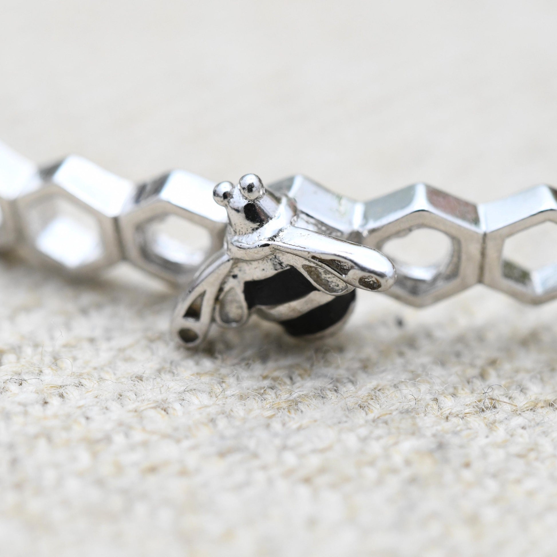 Vintage Sterling Silver Adjustable Slider Bracelet - Cute Honey Comb and Bumble Bee Design | Enamel | Bee Bracelet