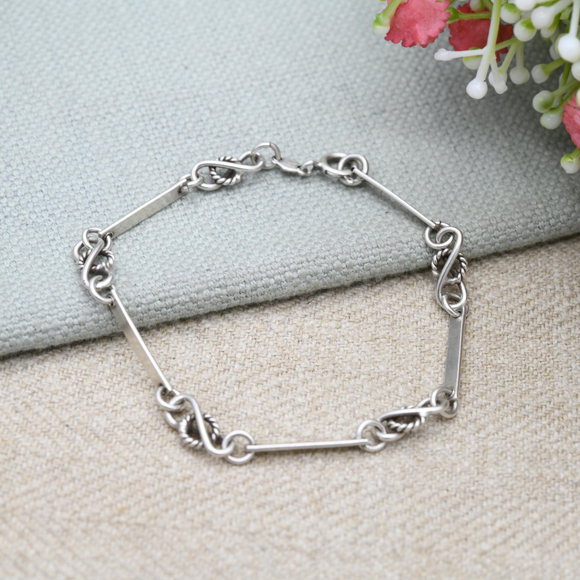 Vintage Sterling Silver Knot Link and Bar Bracelet - Rope | Gift for Her | Gift for Him