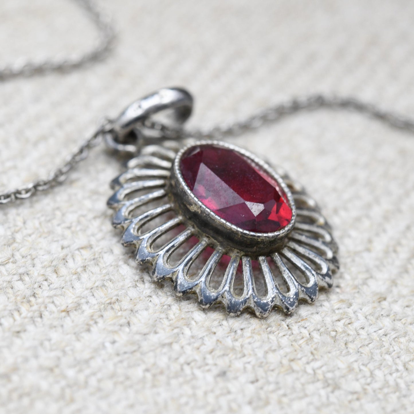 Vintage European Silver Red Stone Necklace and Pendant - Mid-Century | Floral | Milgrain Bezel Setting | Gift for Her | Gift for Him