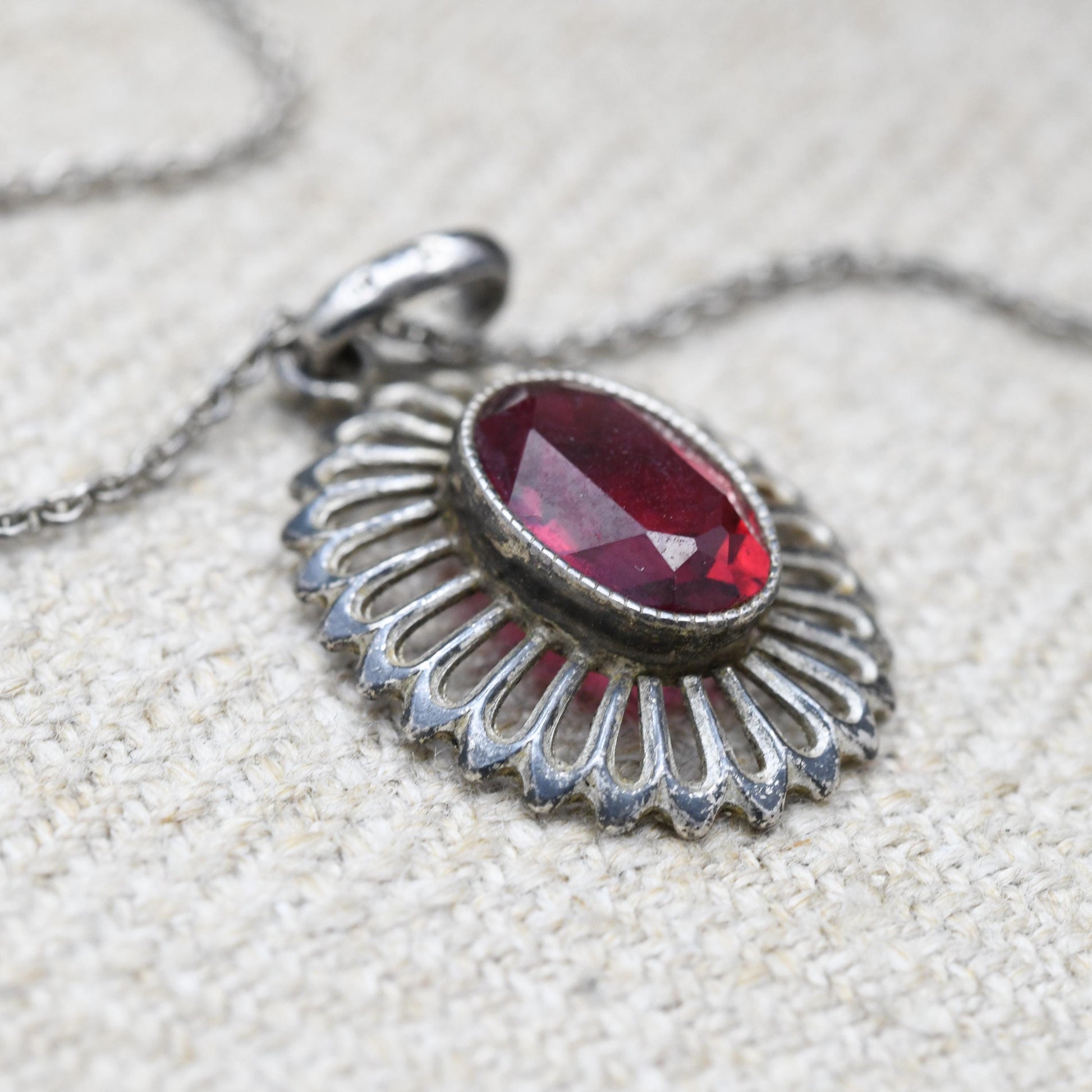 Vintage European Silver Red Stone Necklace and Pendant - Mid-Century | Floral | Milgrain Bezel Setting | Gift for Her | Gift for Him