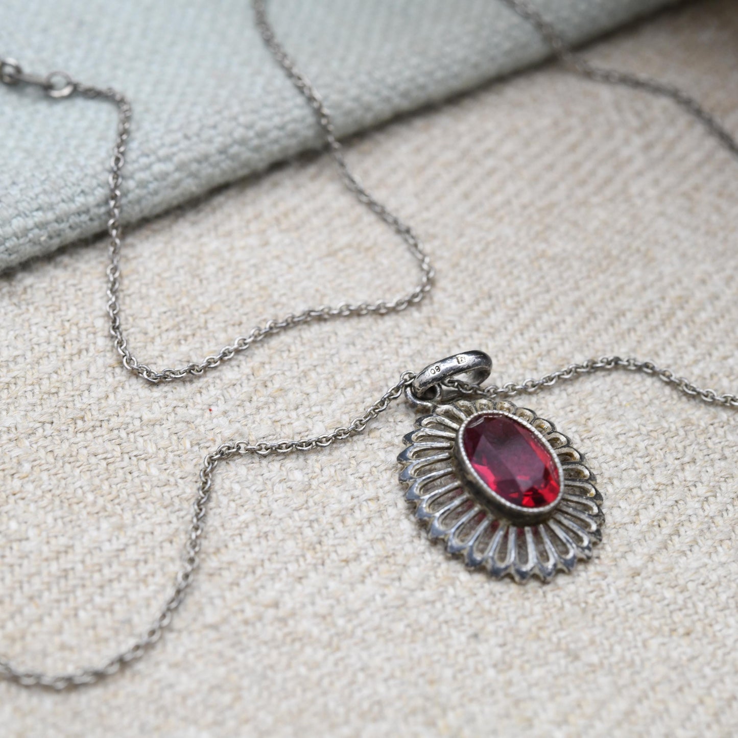 Vintage European Silver Red Stone Necklace and Pendant - Mid-Century | Floral | Milgrain Bezel Setting | Gift for Her | Gift for Him