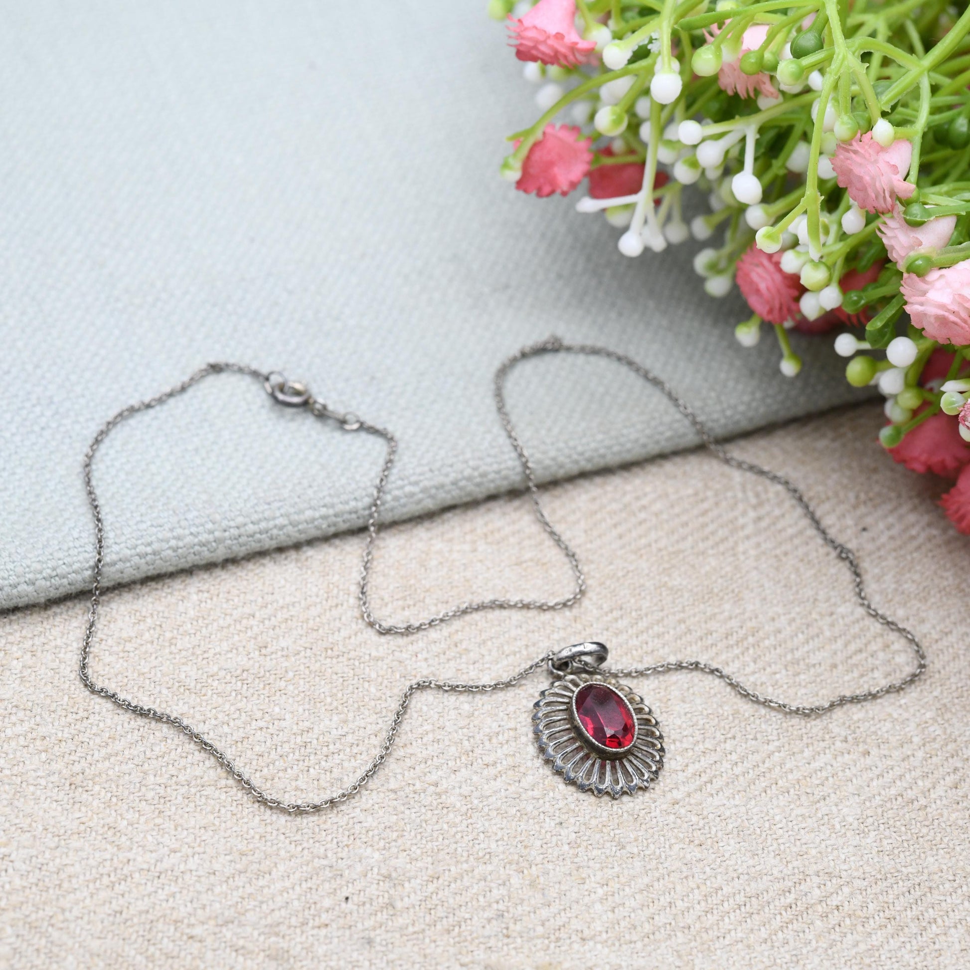 Vintage European Silver Red Stone Necklace and Pendant - Mid-Century | Floral | Milgrain Bezel Setting | Gift for Her | Gift for Him