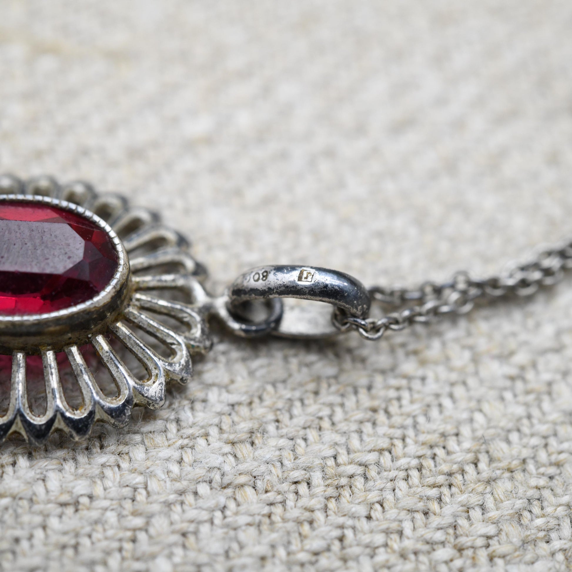 Vintage European Silver Red Stone Necklace and Pendant - Mid-Century | Floral | Milgrain Bezel Setting | Gift for Her | Gift for Him